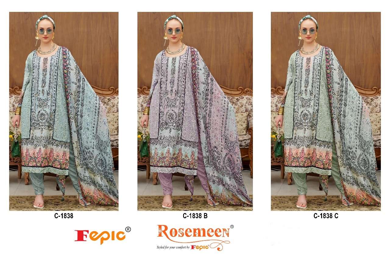 FEPIC ROSEMEEN MAN 1838 MUSLIN HAND EMBROIDERED DESIGNER WORK PAKISTANI SUIT