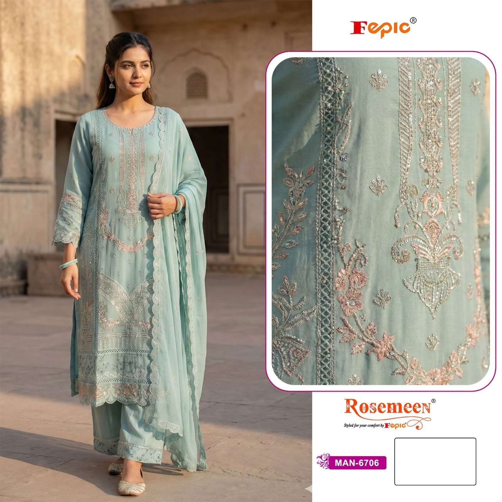 FEPIC ROSEMEEN MAN 6706 GEORGETTE EMBROIDERY DESIGNER WORK SUIT