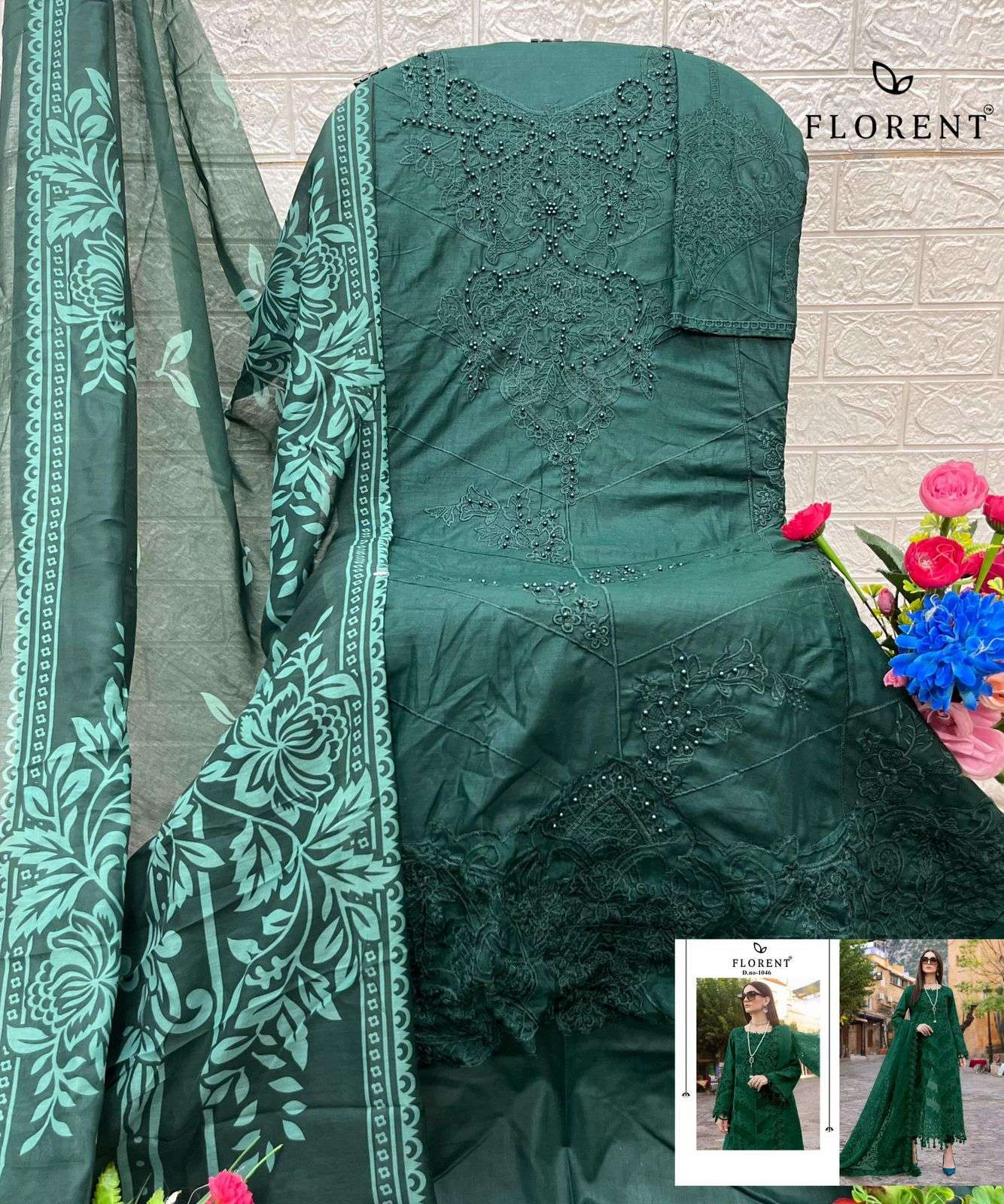 FLORENT D NO 1046 COTTON EMBROIDERY DESIGNER WORK PAKISTANI SUIT