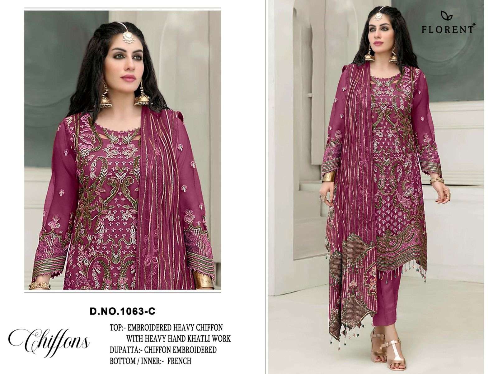 FLORENT D NO 1063 CHIFFON HEAVY EMBROIDERED DESIGNER PAKISTANI SUIT
