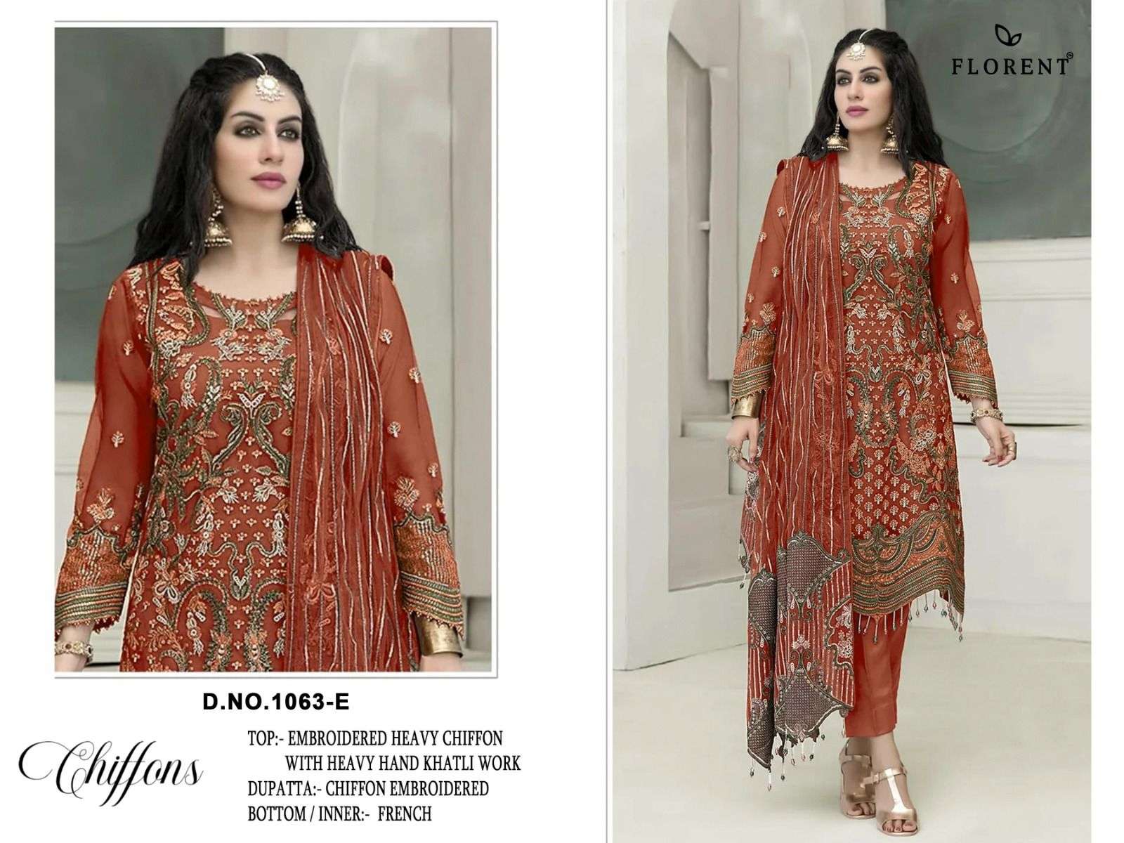 FLORENT D NO 1063 CHIFFON HEAVY EMBROIDERED DESIGNER PAKISTANI SUIT