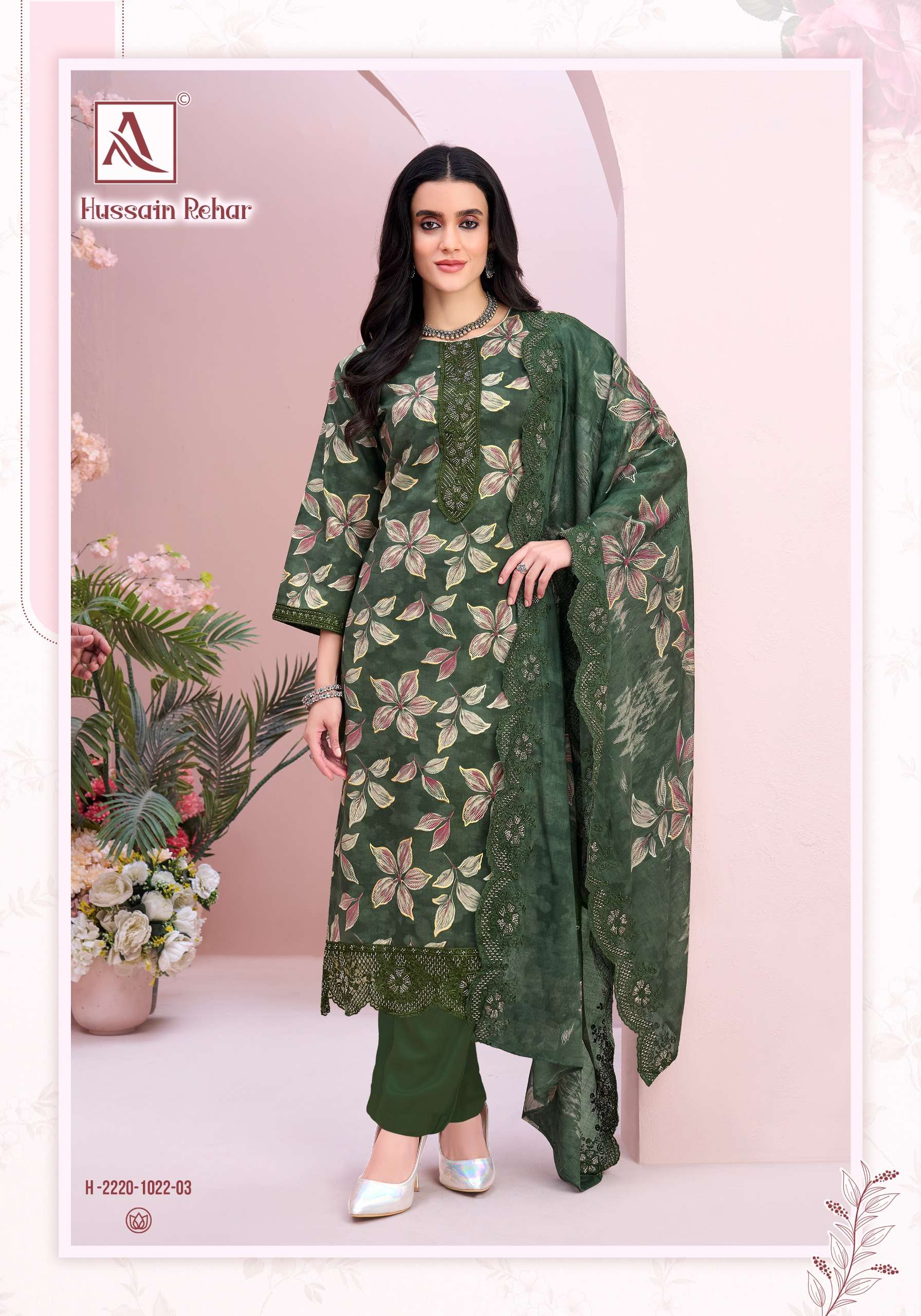 HARSHIT FASHION HUB HUSSAIN REHAR COTTON PRINT WITH FANCY EMBROIDERY WORK SUIT