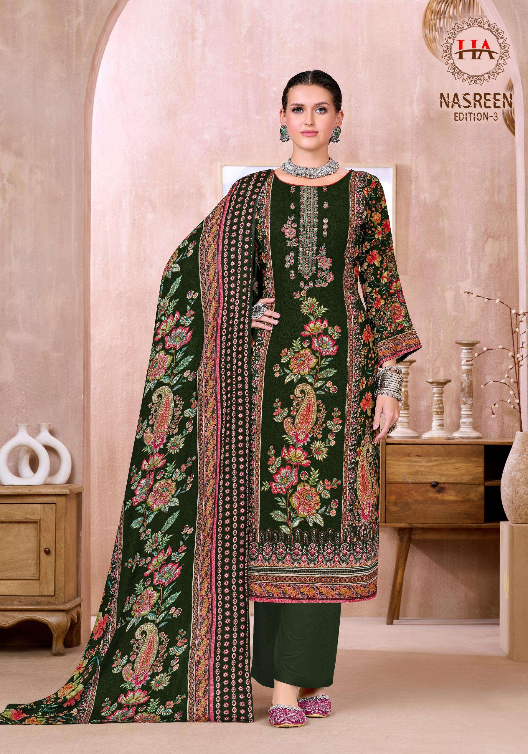 HARSHIT FASHION HUB NASREEN EDITION 3 VISCOSE PRINT WITH FANCY WORK SUIT