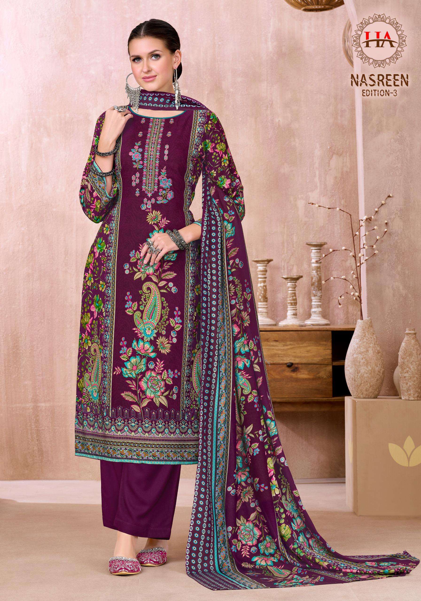 HARSHIT FASHION HUB NASREEN EDITION 3 VISCOSE PRINT WITH FANCY WORK SUIT