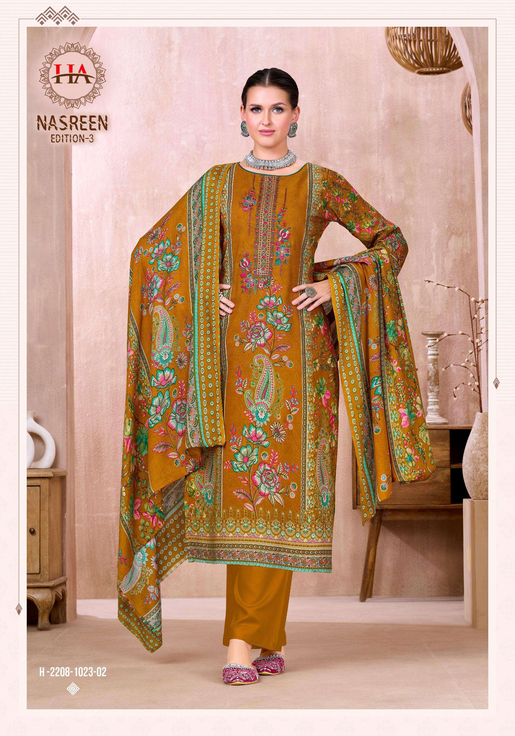 HARSHIT FASHION HUB NASREEN EDITION 3 VISCOSE PRINT WITH FANCY WORK SUIT