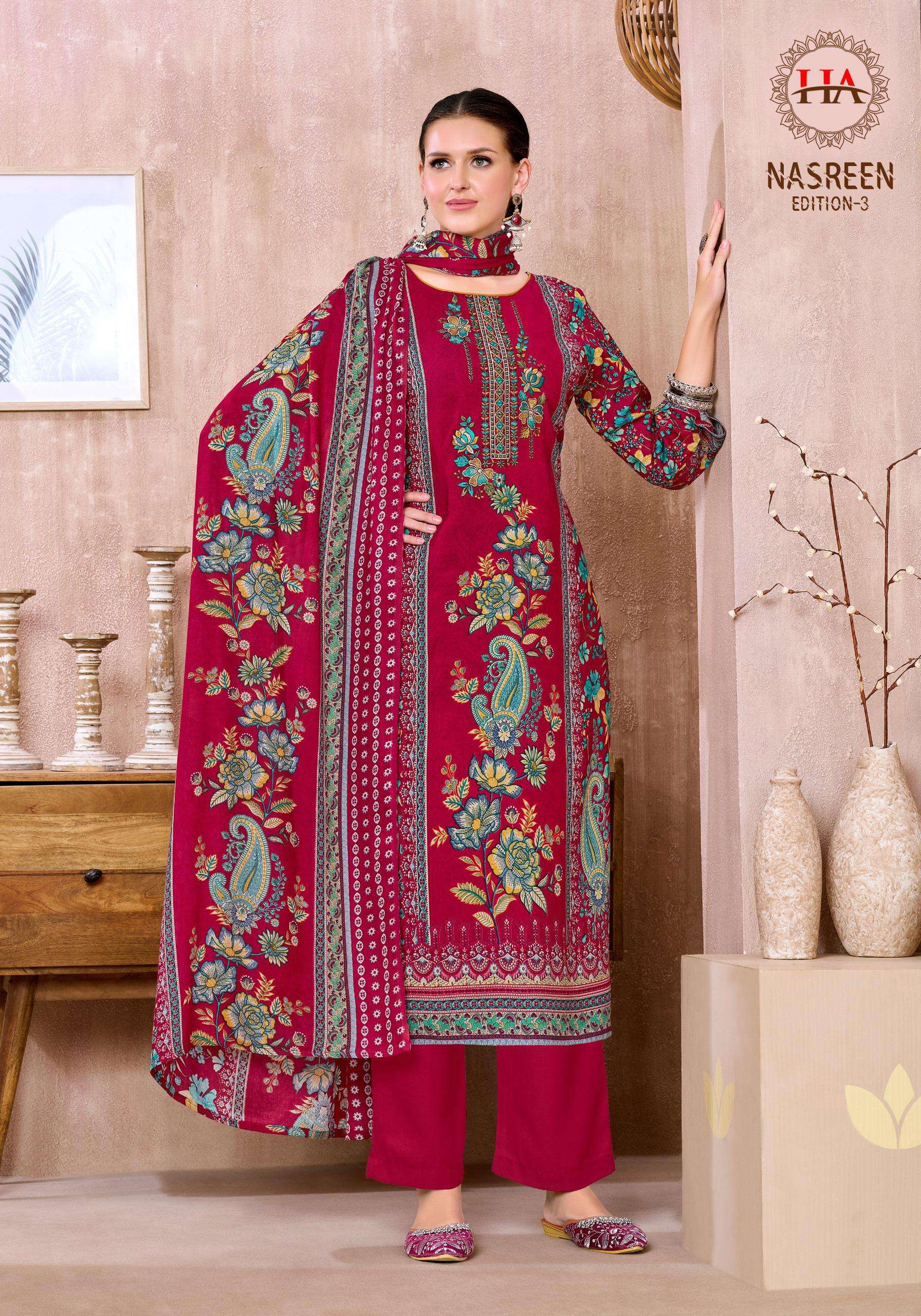 HARSHIT FASHION HUB NASREEN EDITION 3 VISCOSE PRINT WITH FANCY WORK SUIT