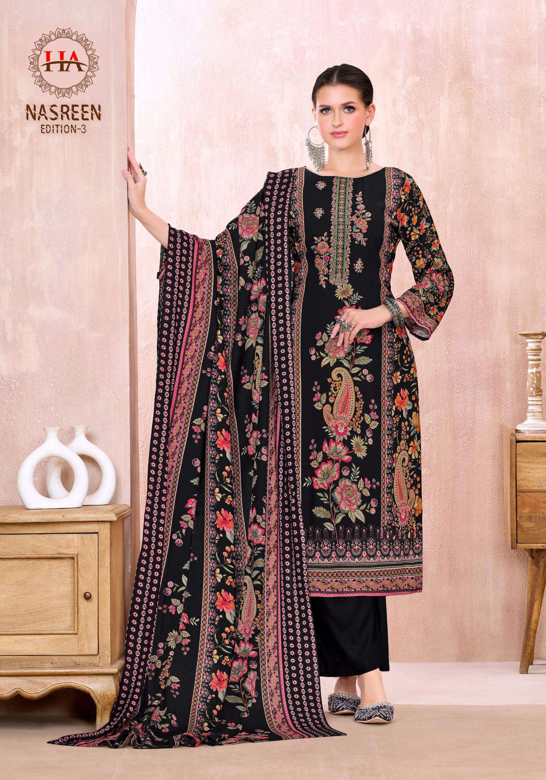 HARSHIT FASHION HUB NASREEN EDITION 3 VISCOSE PRINT WITH FANCY WORK SUIT