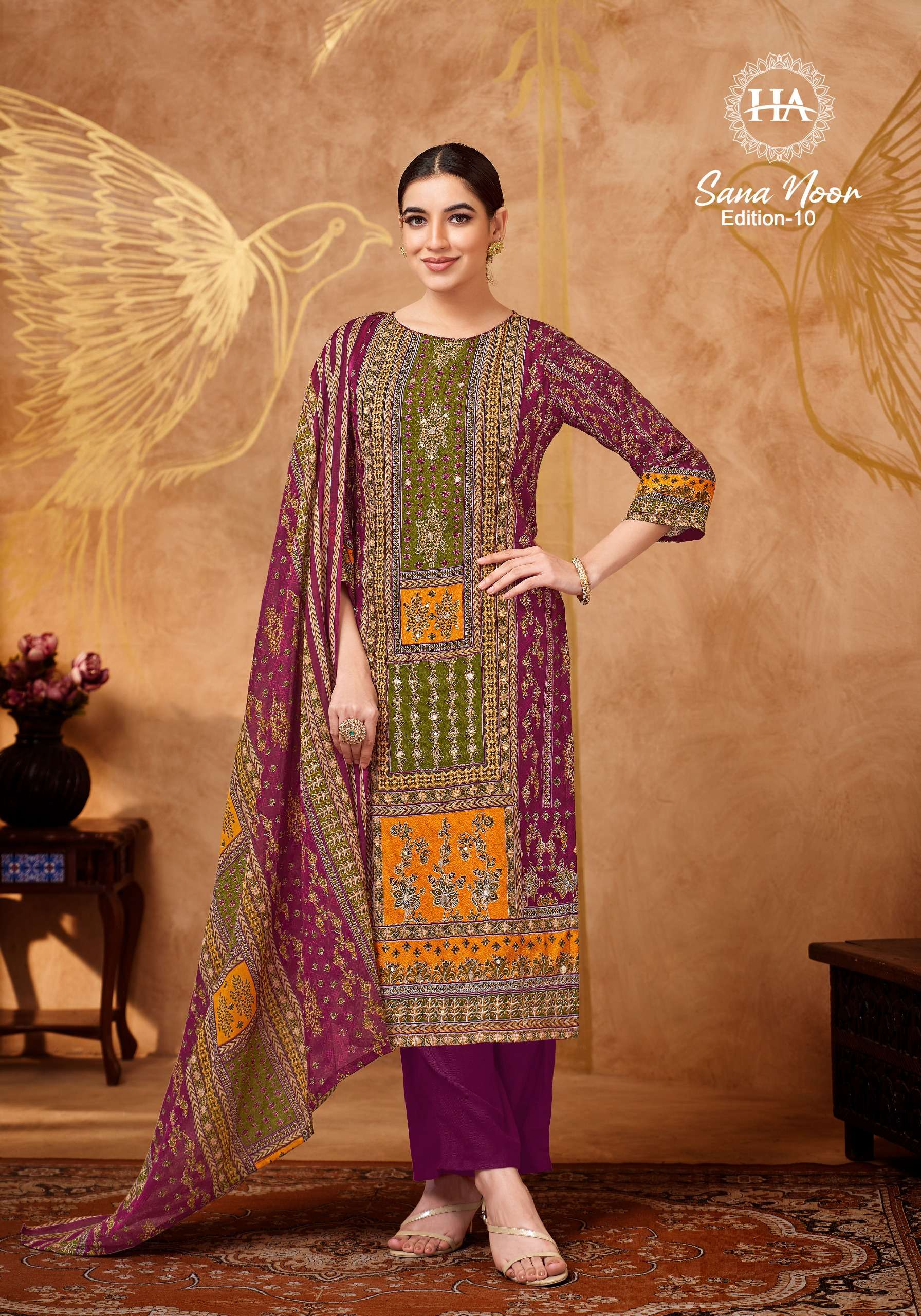 HARSHIT FASHION HUB SANA NOOR EDITION 10 RAYON PRINT WITH HAND WORK SUIT