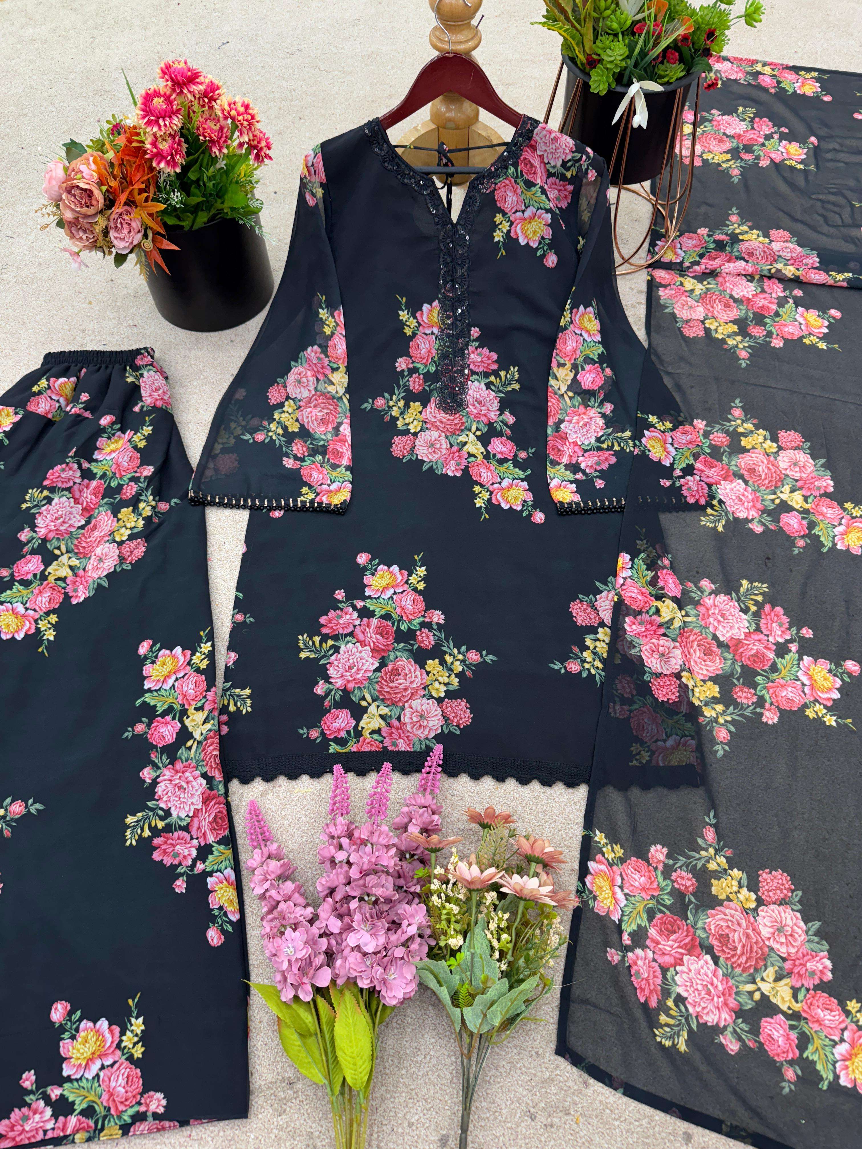 JF 008 GEORGETTE DIGITAL PRINT FANCY TOP WITH FARSHI PENT AND DUPATTA SET 