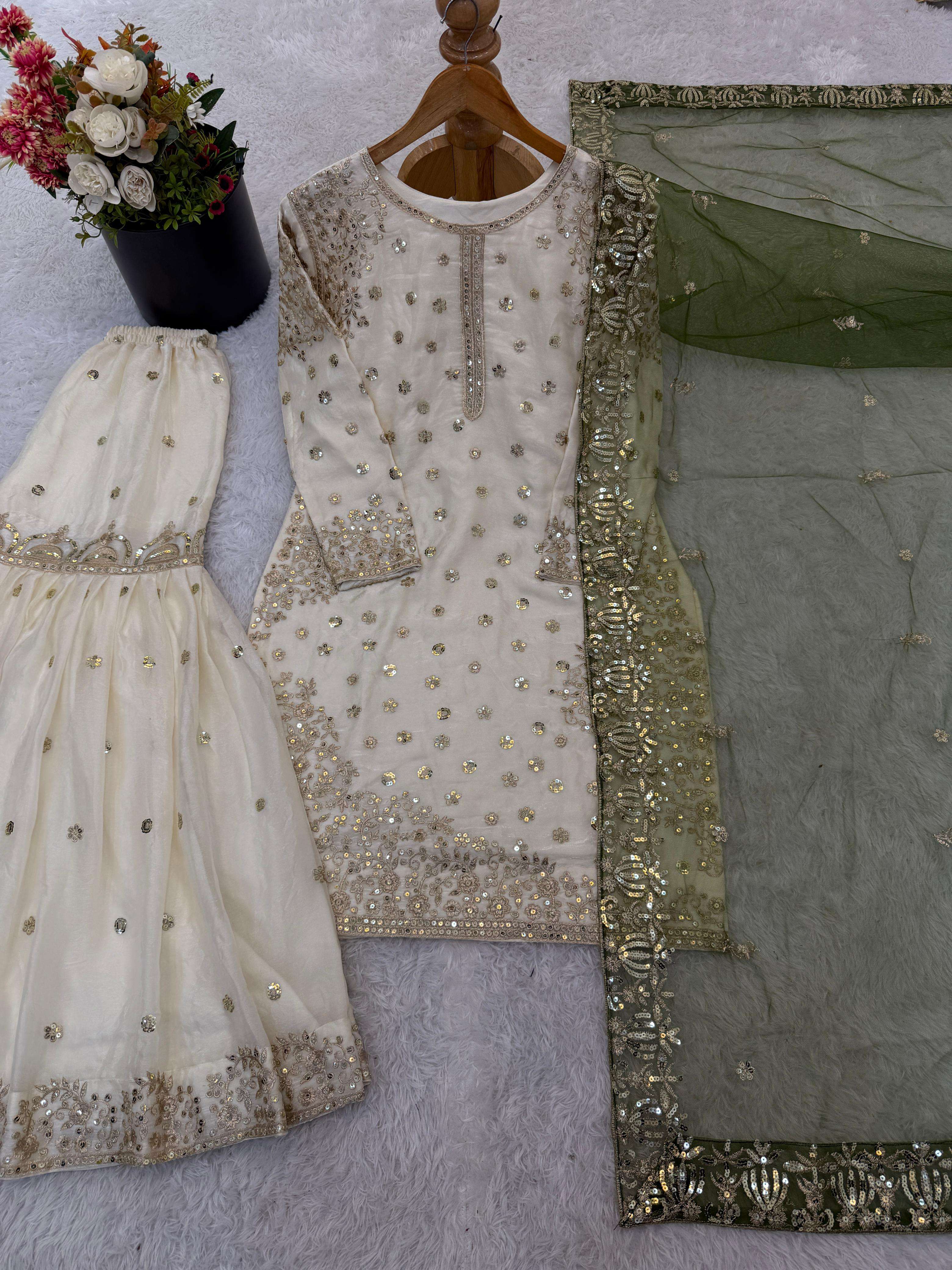 JF 041 SILK HEAVY EMBROIDERD DESIGNER WEDDING WEAR LADIES GHARARA SUIT