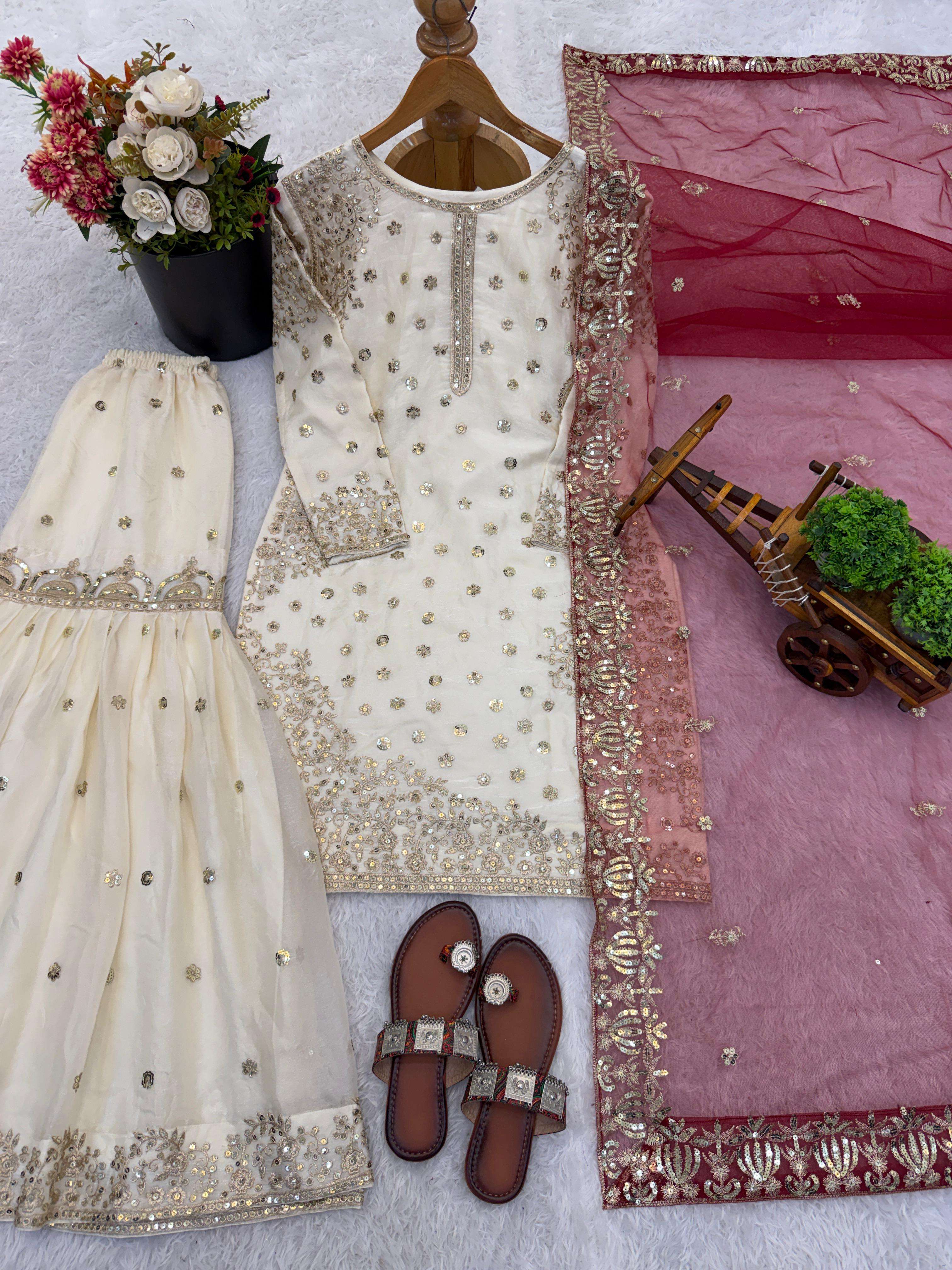 JF 041 SILK HEAVY EMBROIDERD DESIGNER WEDDING WEAR LADIES GHARARA SUIT