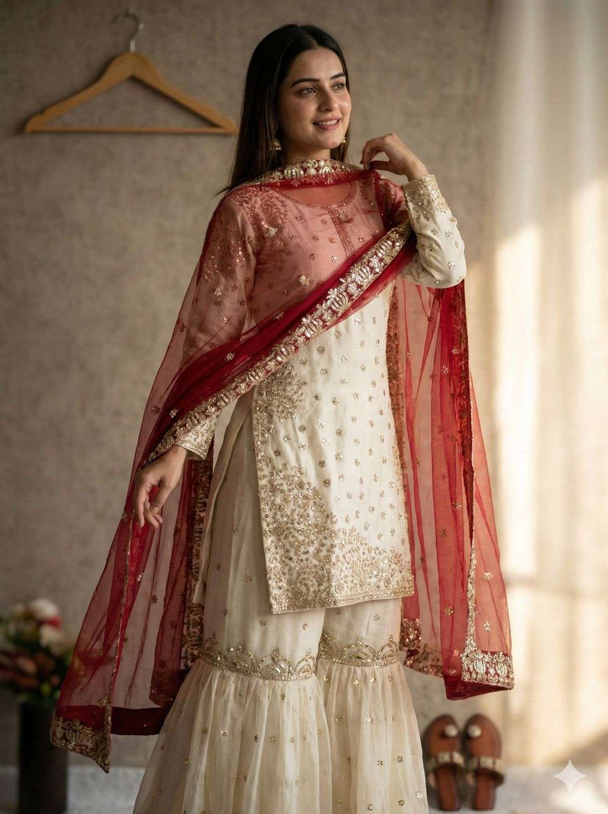 JF 041 SILK HEAVY EMBROIDERD DESIGNER WEDDING WEAR LADIES GHARARA SUIT