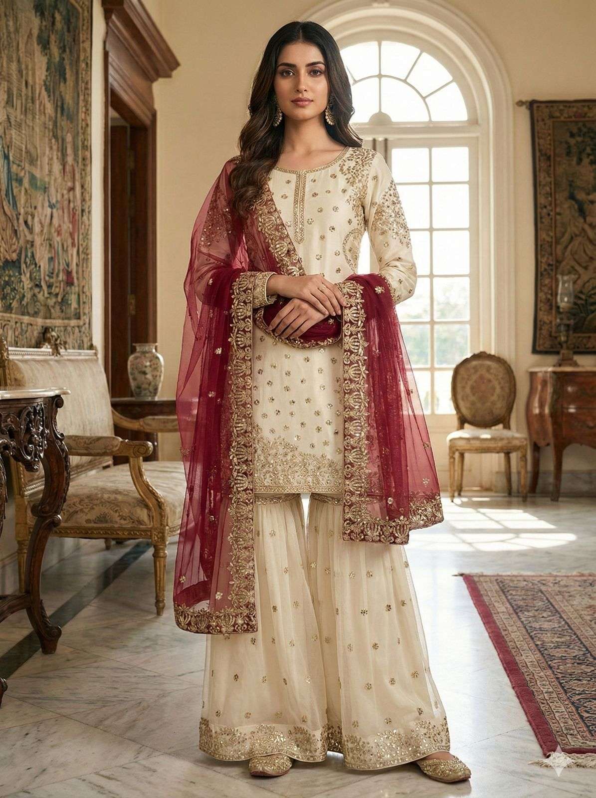 JF 041 SILK HEAVY EMBROIDERD DESIGNER WEDDING WEAR LADIES GHARARA SUIT