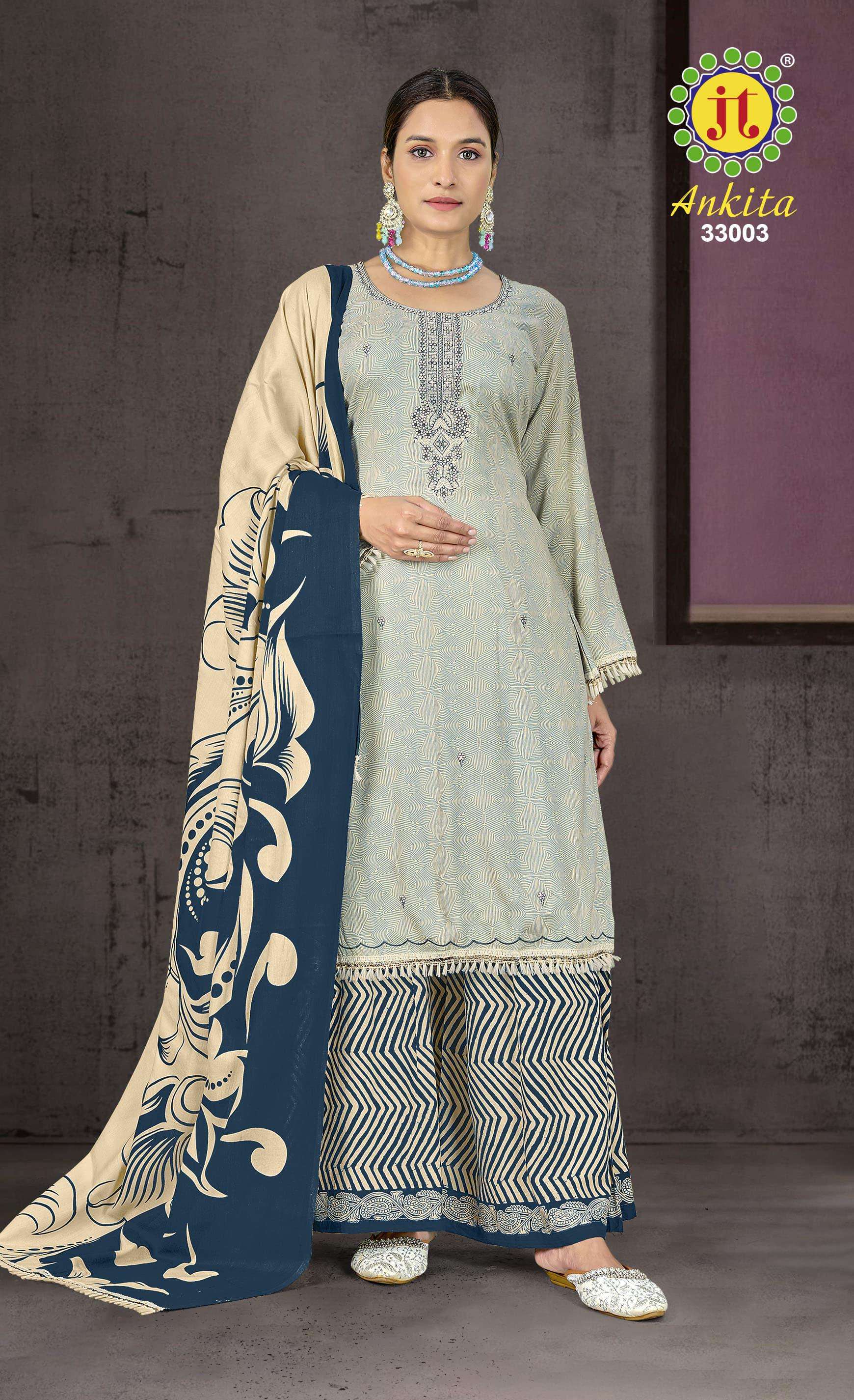 JT ANKITA VOL 33 RAYON SEQUENCE EMBROIDERIES WORK LADIES SUITS AT BEST ONLINE RATE WHOLESALER SURAT 