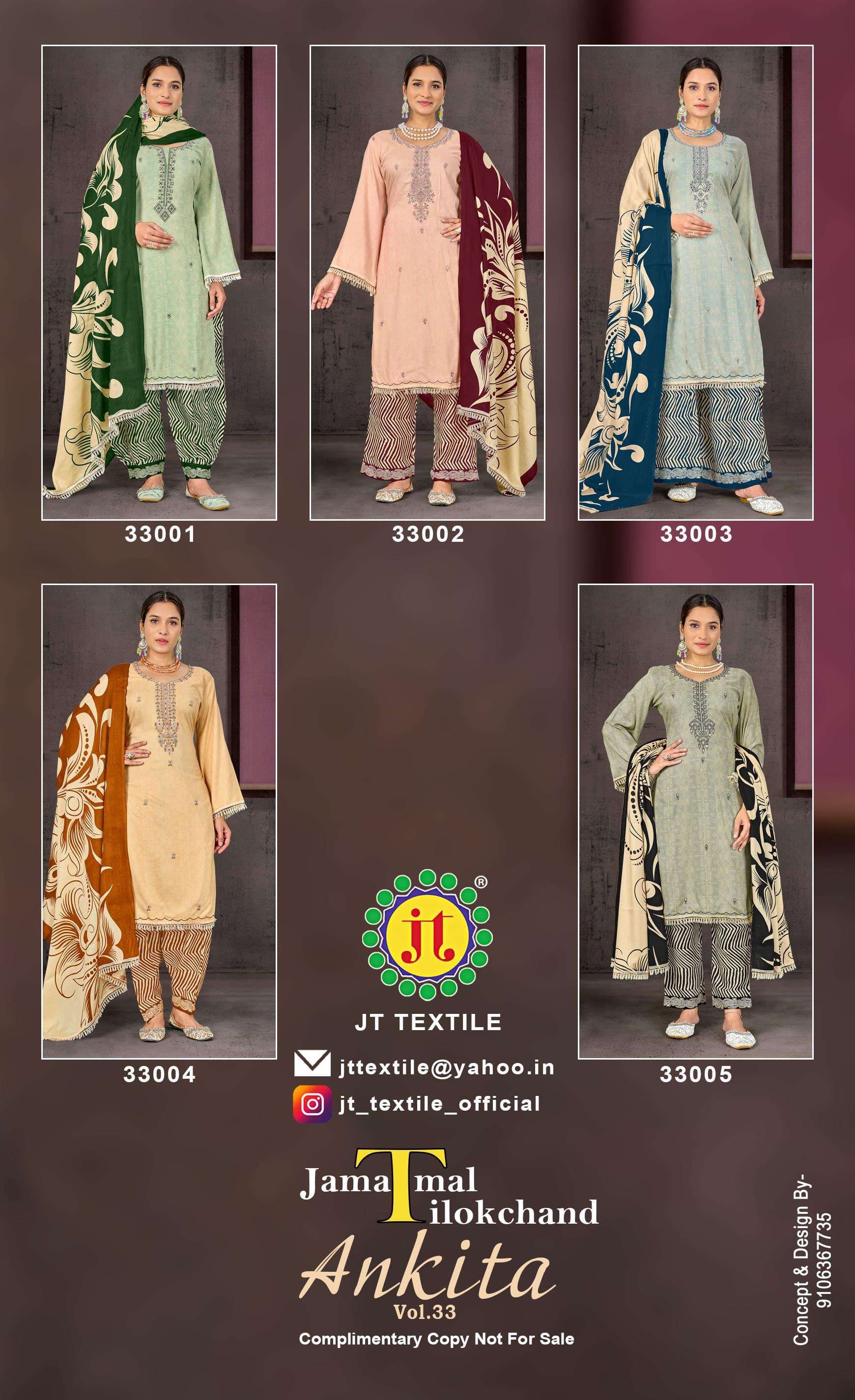 JT ANKITA VOL 33 RAYON SEQUENCE EMBROIDERIES WORK LADIES SUITS AT BEST ONLINE RATE WHOLESALER SURAT 