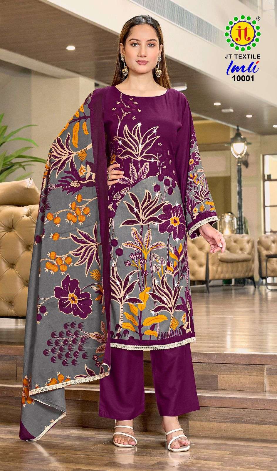JT IMLI VOL 10 RAYON PRINT WITH FANCY WORK SUIT