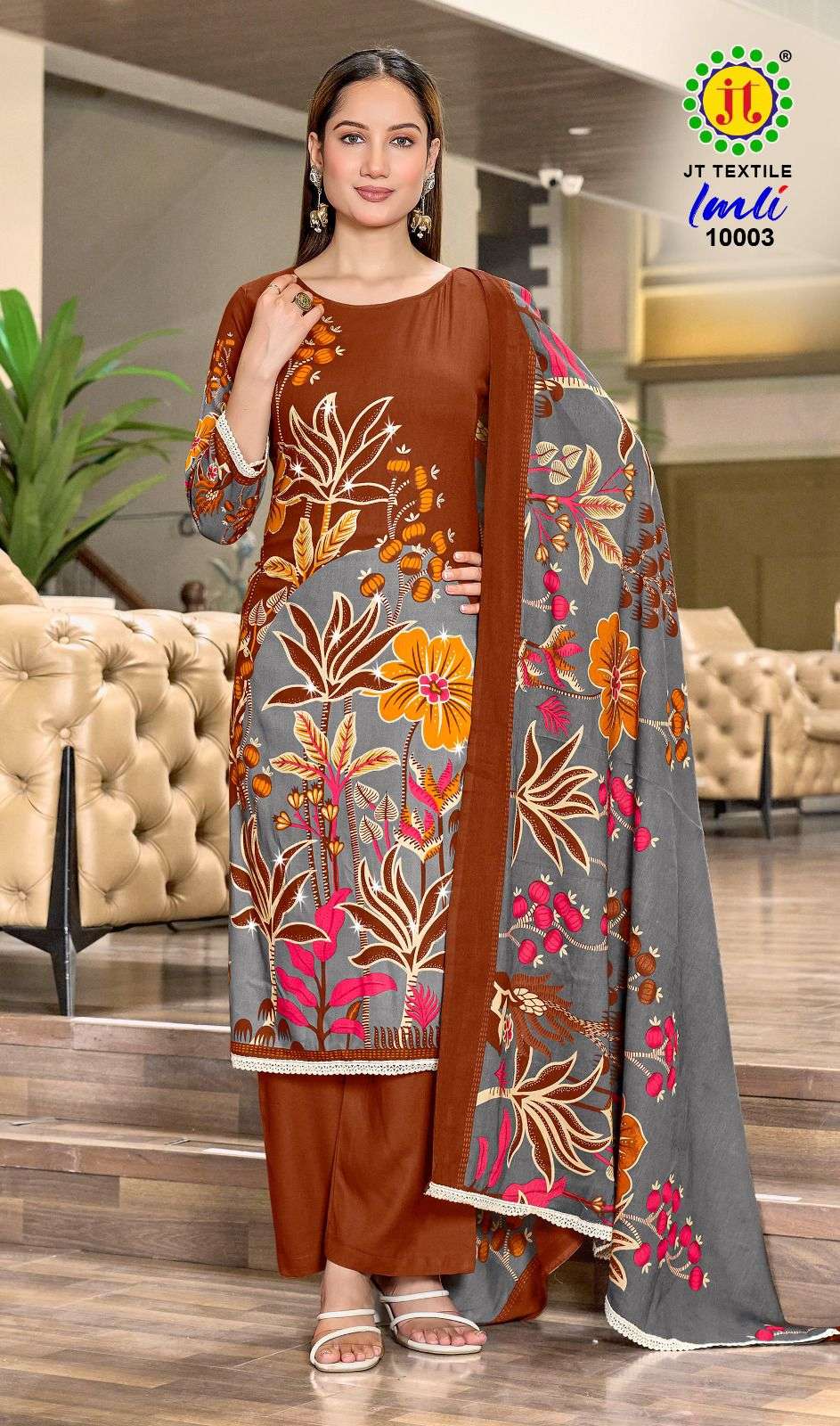 JT IMLI VOL 10 RAYON PRINT WITH FANCY WORK SUIT