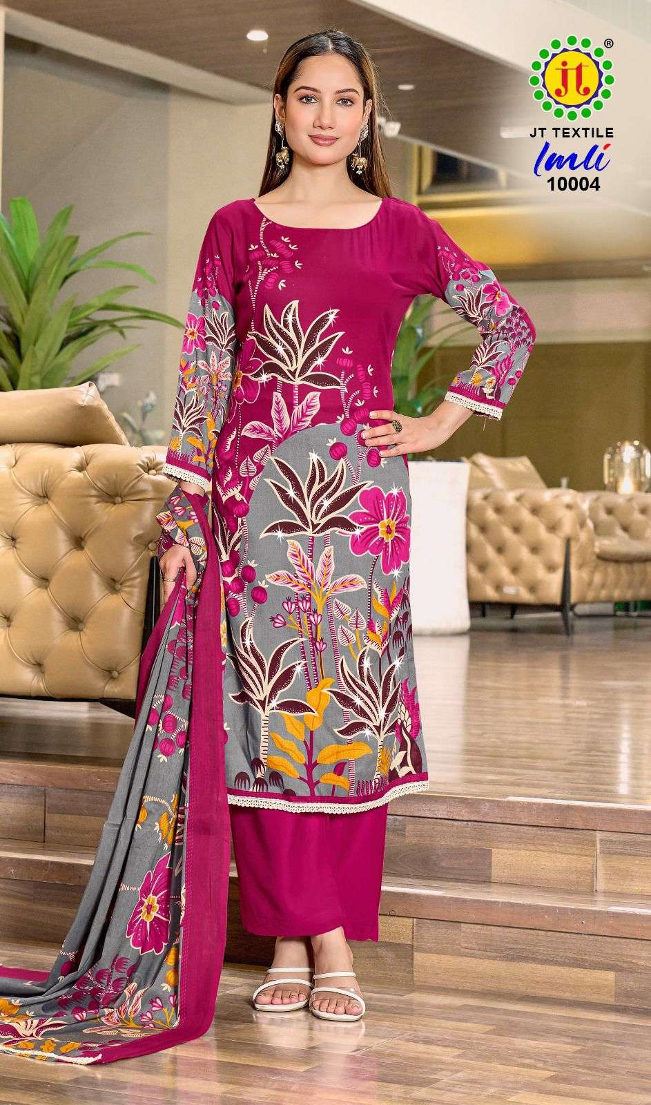 JT IMLI VOL 10 RAYON PRINT WITH FANCY WORK SUIT