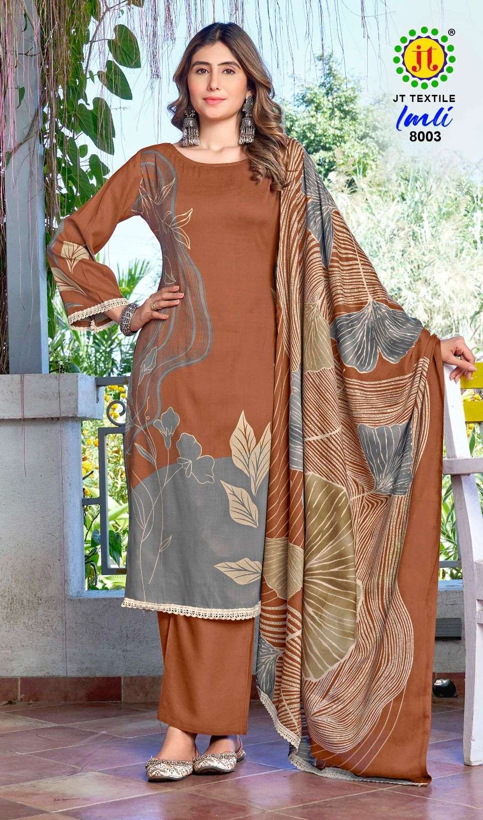 JT IMLI VOL 8 RAYON PRINT WITH FANCY WORK SUIT