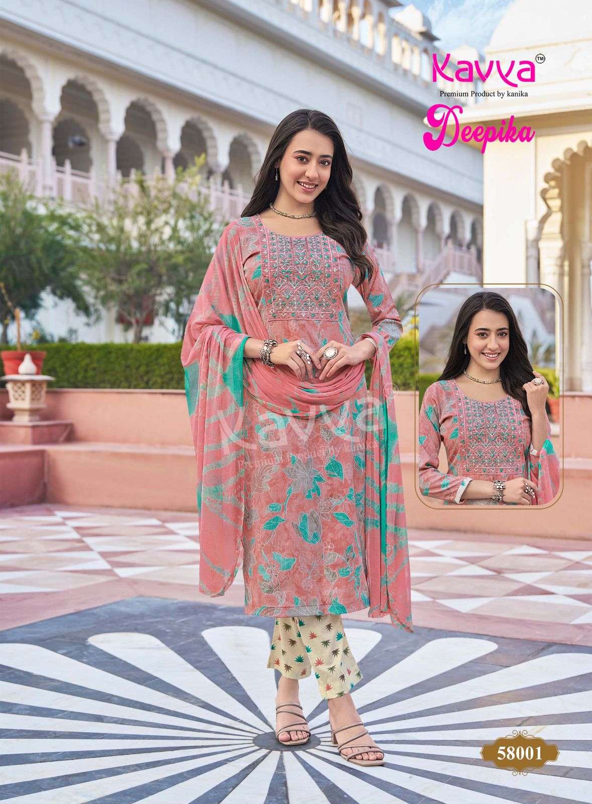 KAVYA DEEPIKA VOL 58 CAPSULE PRINT FANCY WORK LADIES KURTI BOTTOM AND DUPATTA SET 