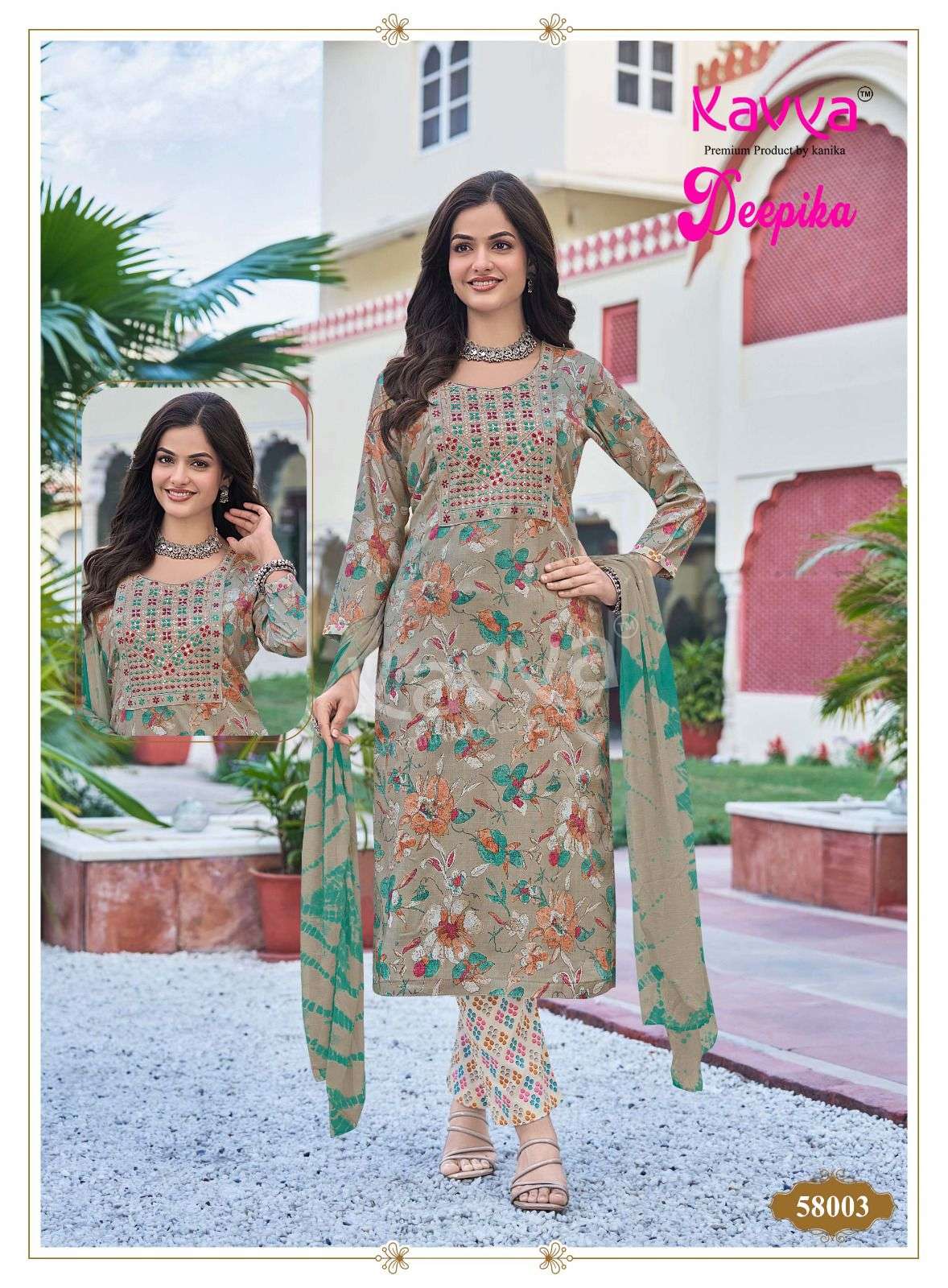 KAVYA DEEPIKA VOL 58 CAPSULE PRINT FANCY WORK LADIES KURTI BOTTOM AND DUPATTA SET 
