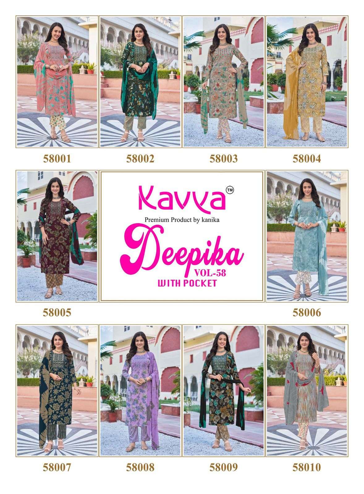 KAVYA DEEPIKA VOL 58 CAPSULE PRINT FANCY WORK LADIES KURTI BOTTOM AND DUPATTA SET 