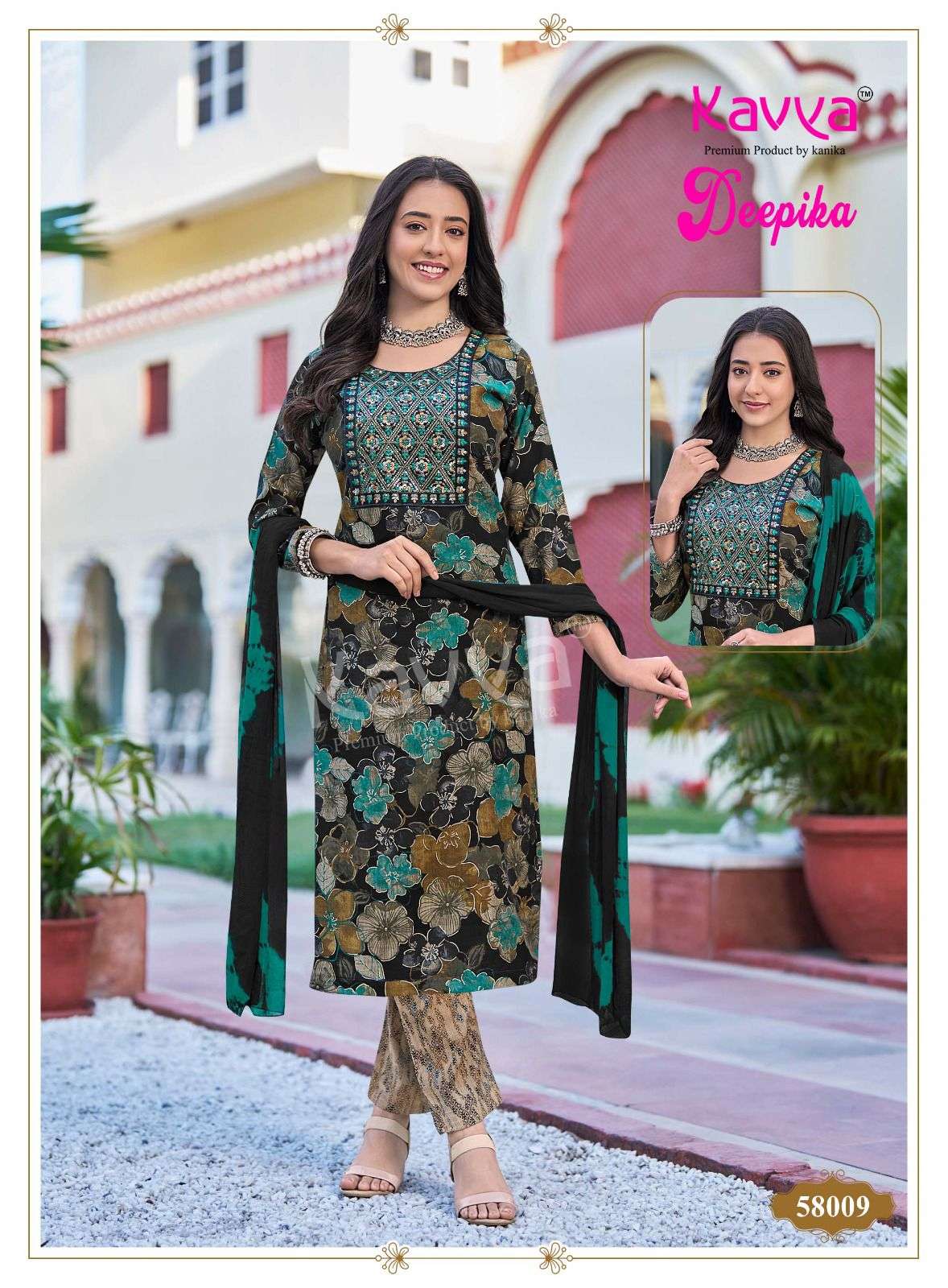 KAVYA DEEPIKA VOL 58 CAPSULE PRINT FANCY WORK LADIES KURTI BOTTOM AND DUPATTA SET 