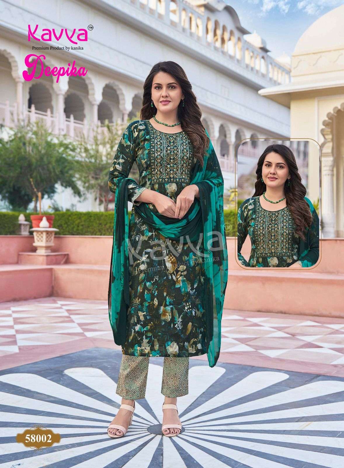 KAVYA DEEPIKA VOL 58 CAPSULE PRINT FANCY WORK LADIES KURTI BOTTOM AND DUPATTA SET 