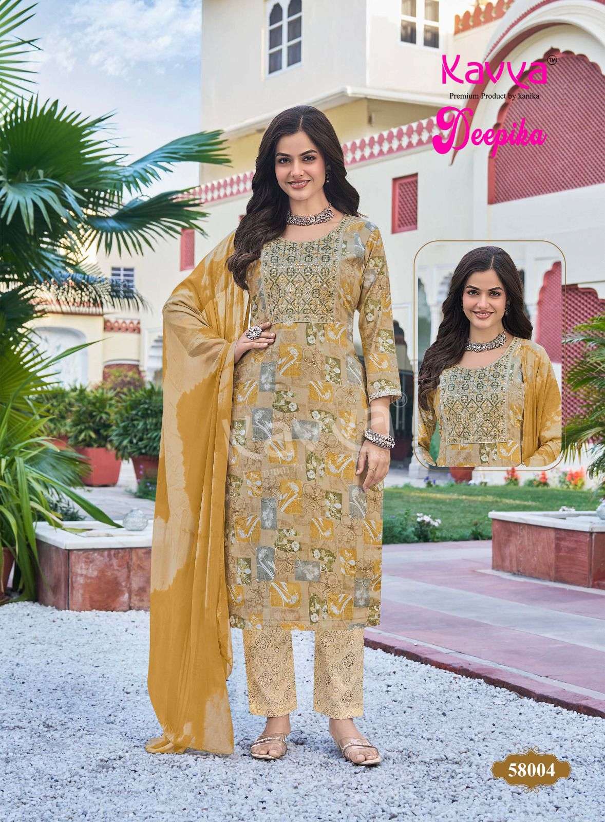 KAVYA DEEPIKA VOL 58 CAPSULE PRINT FANCY WORK LADIES KURTI BOTTOM AND DUPATTA SET 