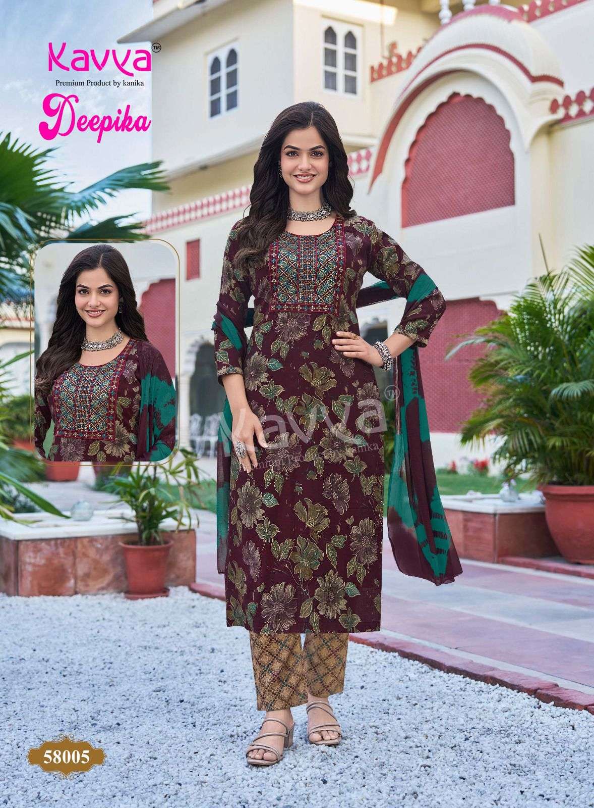 KAVYA DEEPIKA VOL 58 CAPSULE PRINT FANCY WORK LADIES KURTI BOTTOM AND DUPATTA SET 