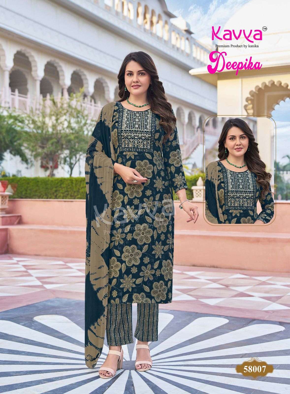 KAVYA DEEPIKA VOL 58 CAPSULE PRINT FANCY WORK LADIES KURTI BOTTOM AND DUPATTA SET 