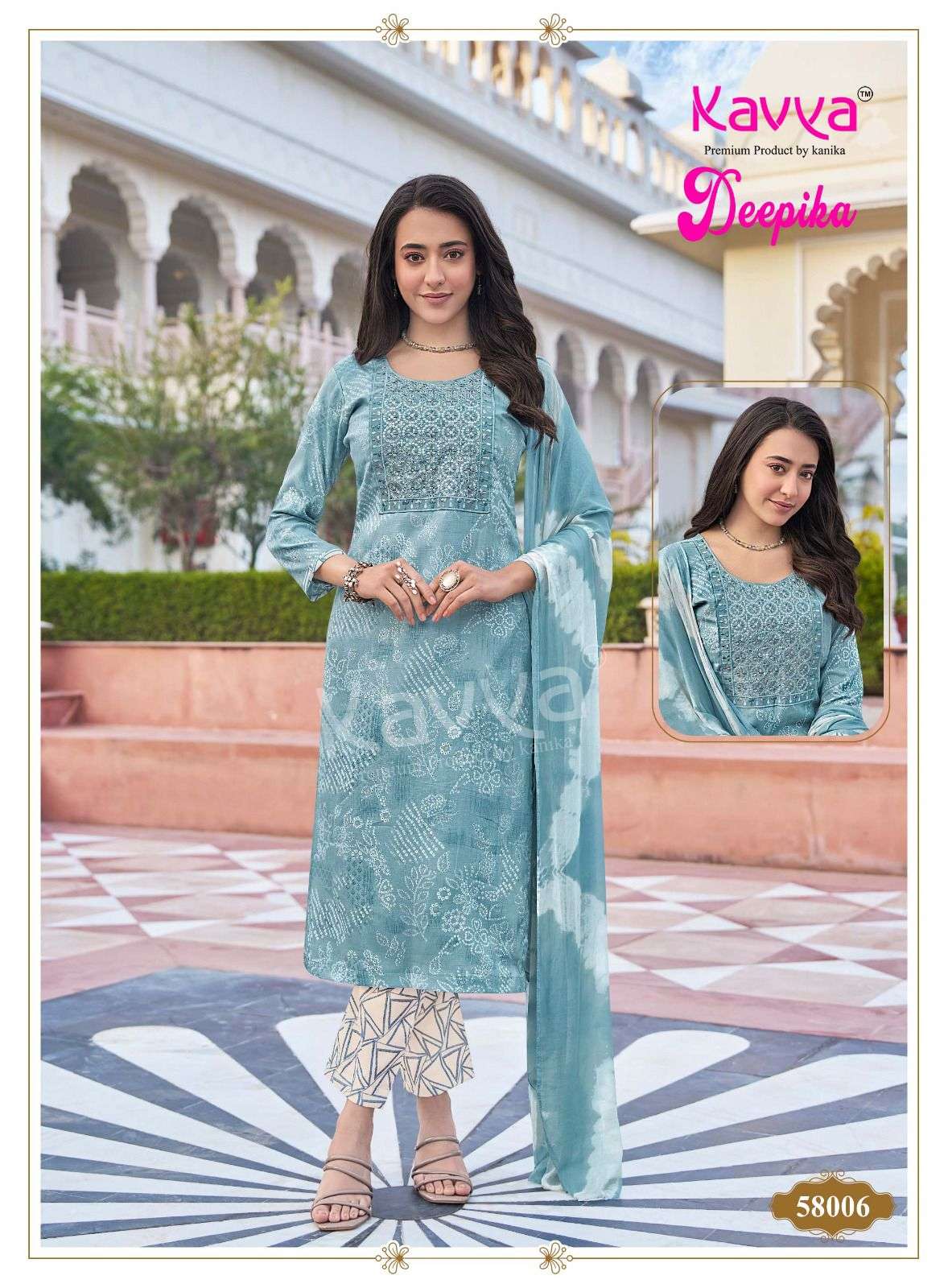 KAVYA DEEPIKA VOL 58 CAPSULE PRINT FANCY WORK LADIES KURTI BOTTOM AND DUPATTA SET 