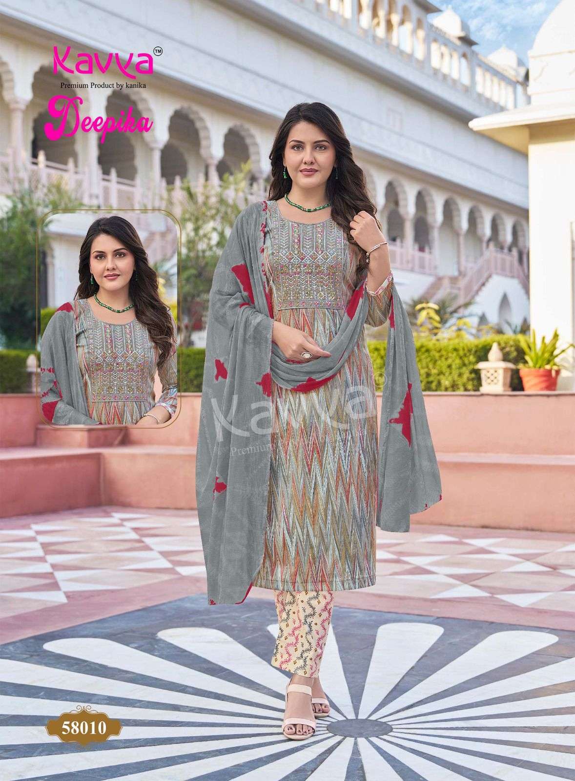KAVYA DEEPIKA VOL 58 CAPSULE PRINT FANCY WORK LADIES KURTI BOTTOM AND DUPATTA SET 