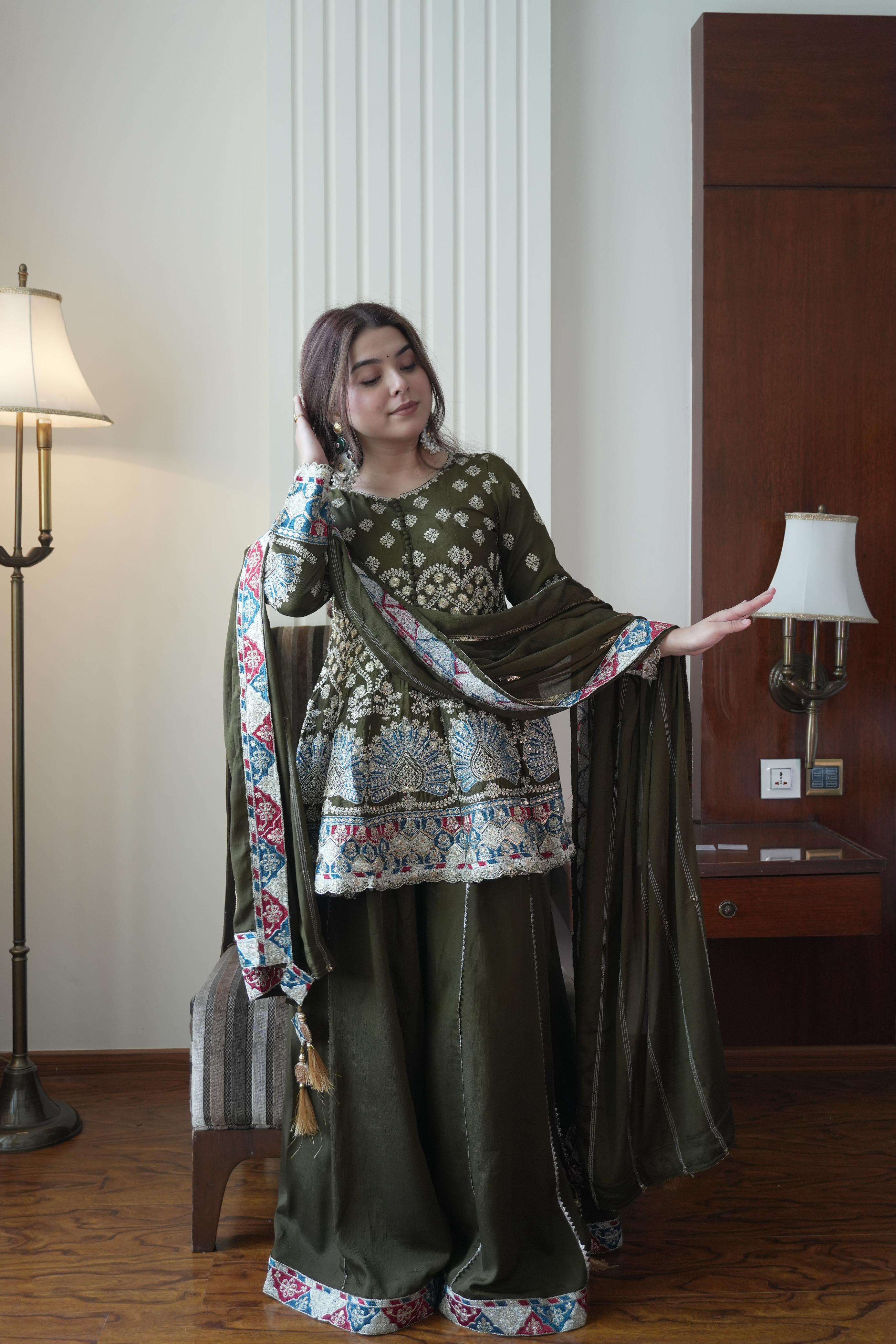 LM 16 PREETY LOOK DESIGNER PARTY WEAR TOP PALAZZO AND DUPATTA SET 