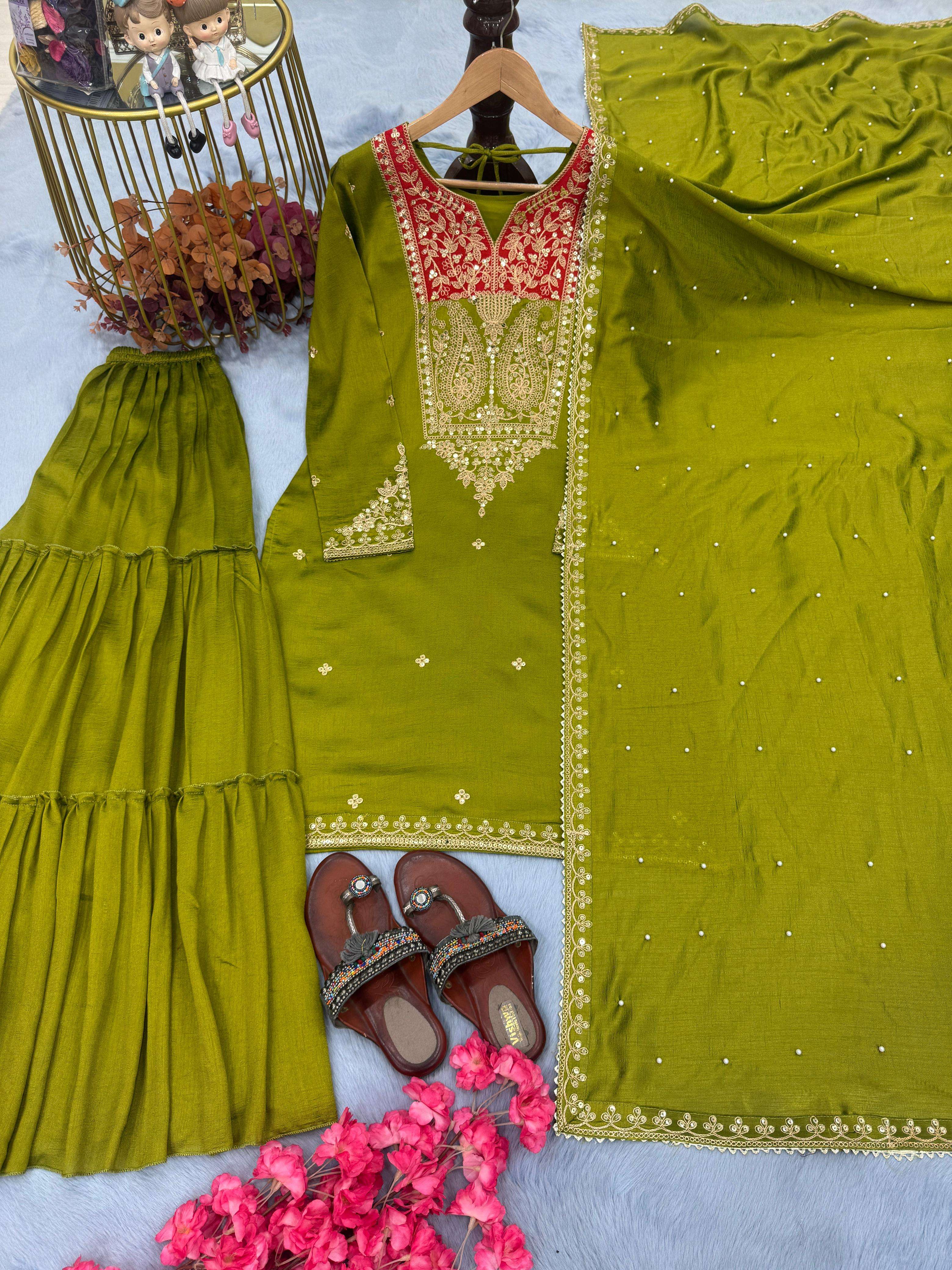 PD 1082 SILK EMBROIDERY DESIGNER LOOK PARTY WEAR LADIES SHARARA SUIT