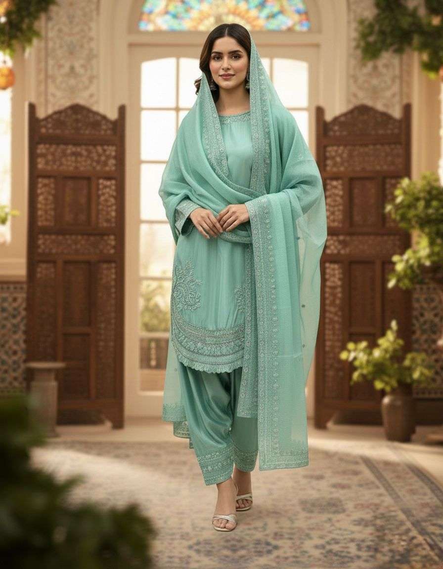 PD 1143 CREPE SILK FANCY PARTY WEAR LOOK TOP FARSHI PLAZZO AND DUPATTA 