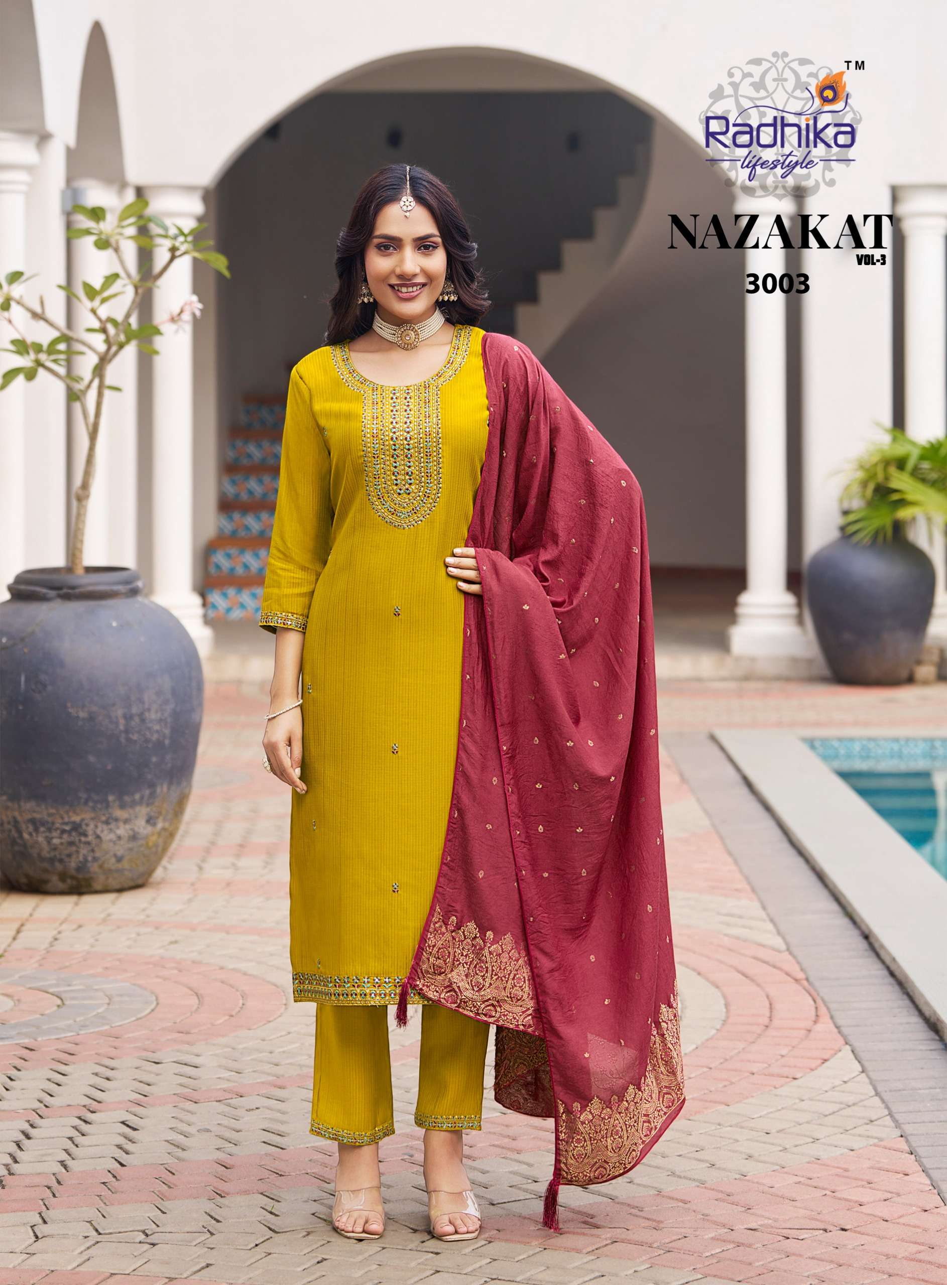 RADHIKA LIFESTYLE NAZAKAT VOL 3 FANCY WORK LADIES KURTI PANT WITH DUPATTA SET