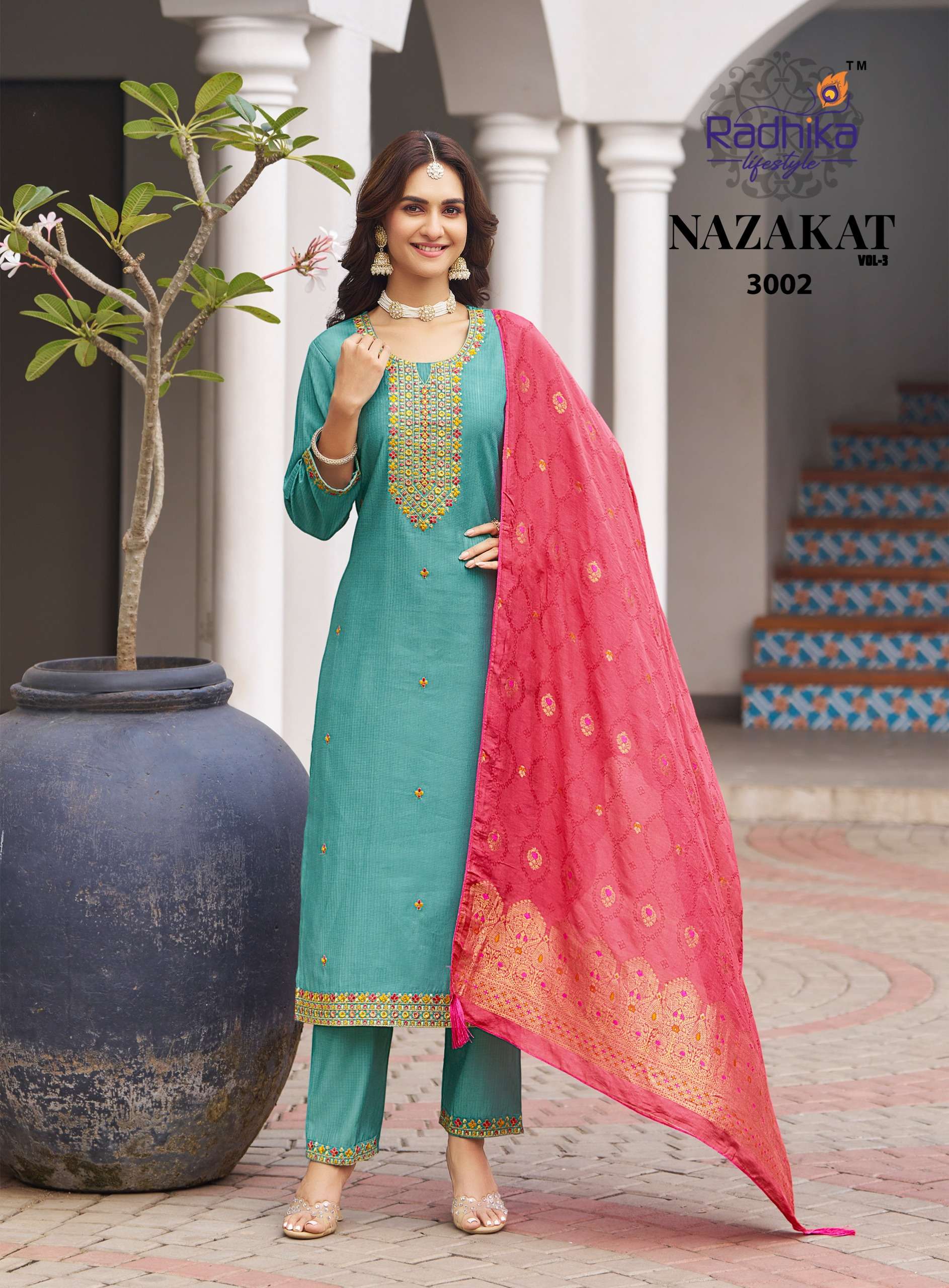 RADHIKA LIFESTYLE NAZAKAT VOL 3 FANCY WORK LADIES KURTI PANT WITH DUPATTA SET