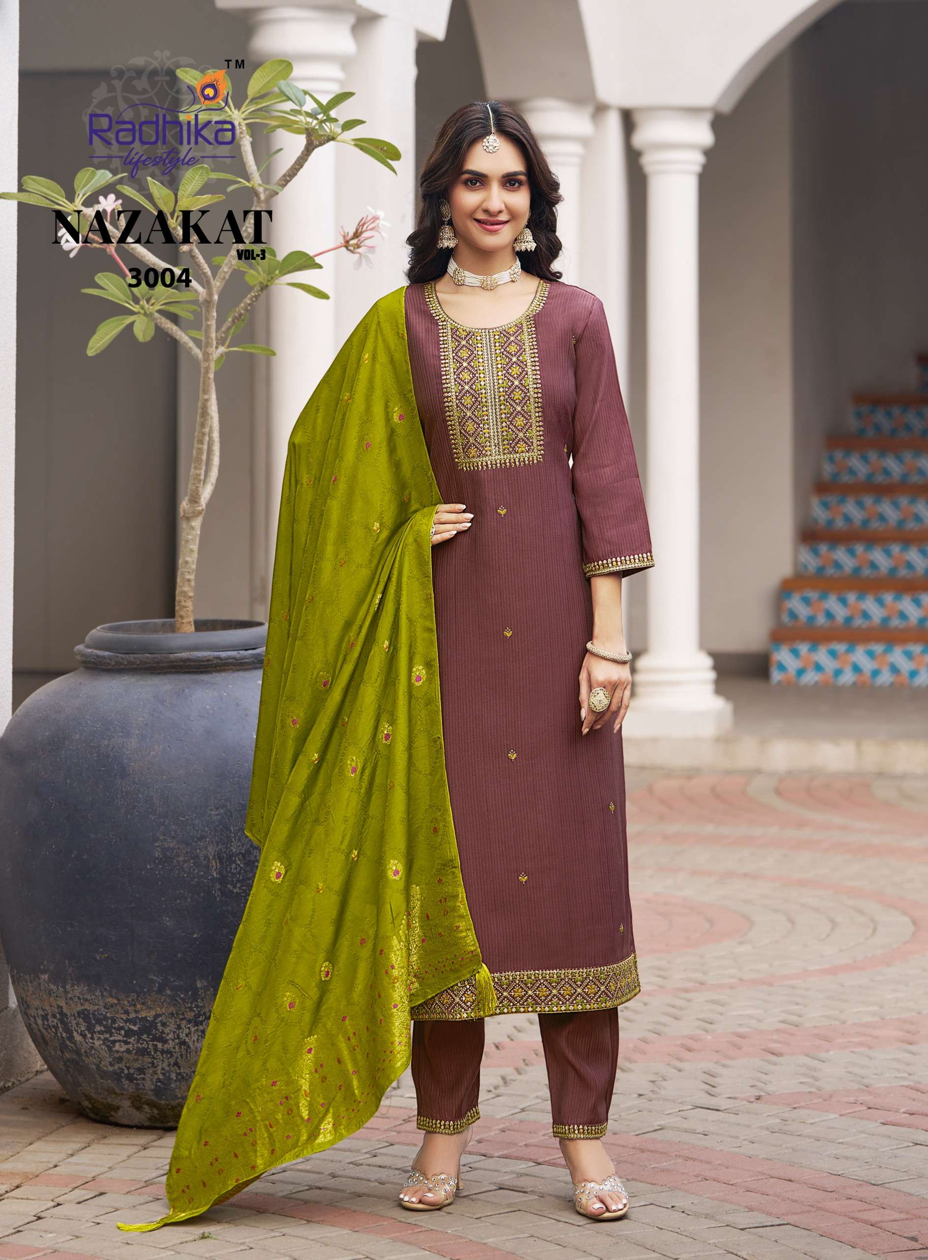 RADHIKA LIFESTYLE NAZAKAT VOL 3 FANCY WORK LADIES KURTI PANT WITH DUPATTA SET