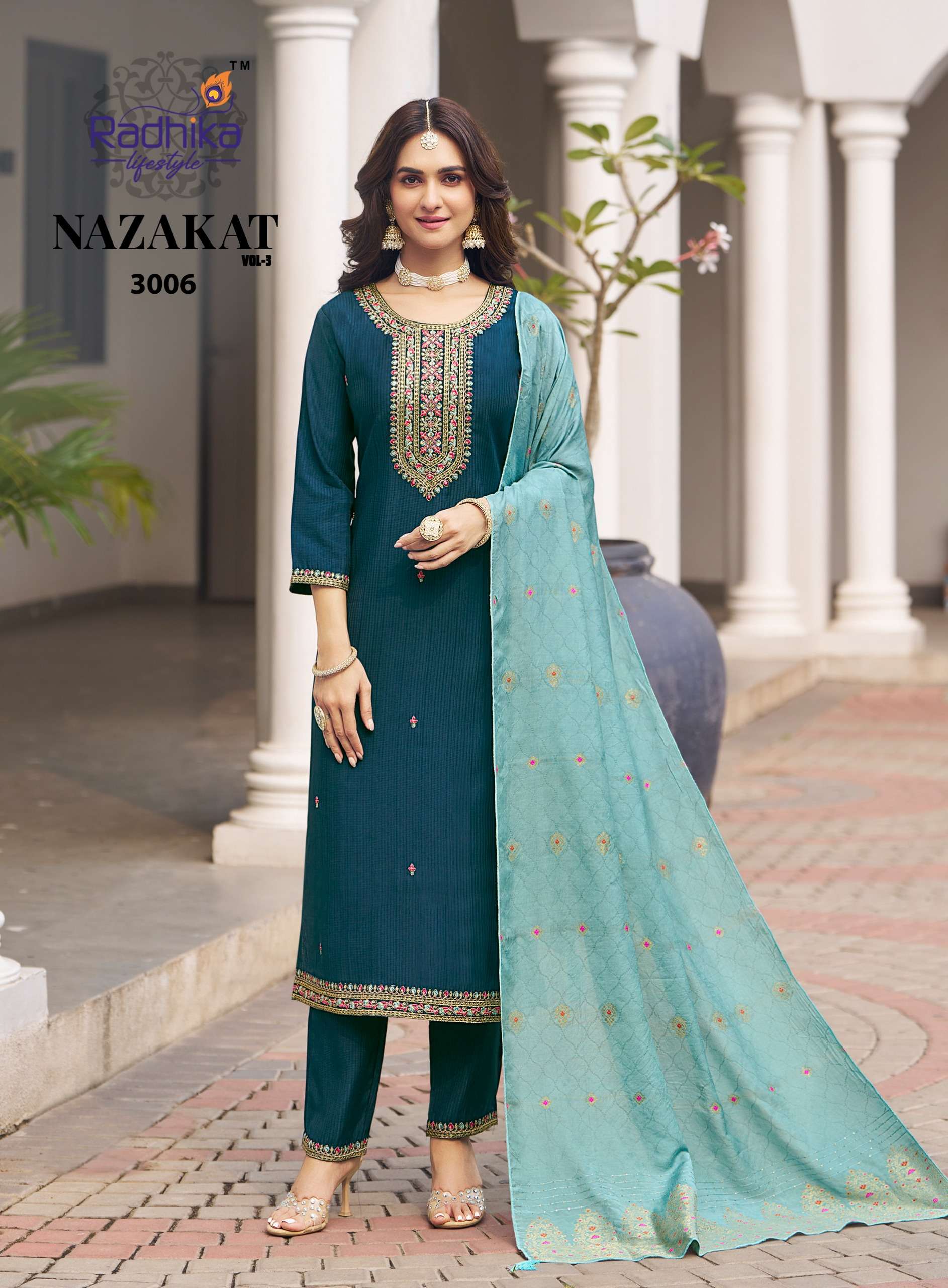 RADHIKA LIFESTYLE NAZAKAT VOL 3 FANCY WORK LADIES KURTI PANT WITH DUPATTA SET