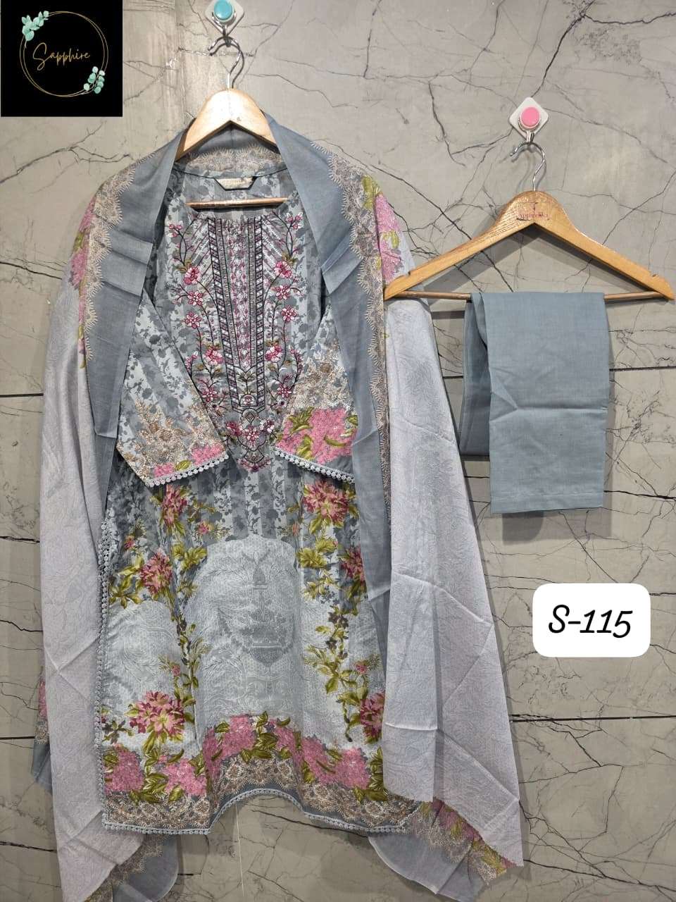 SAPPHIRE S 115 LAWN COTTON DIGITAL PRINT EMBROIDERY DESIGNER PAKISTANI SUIT