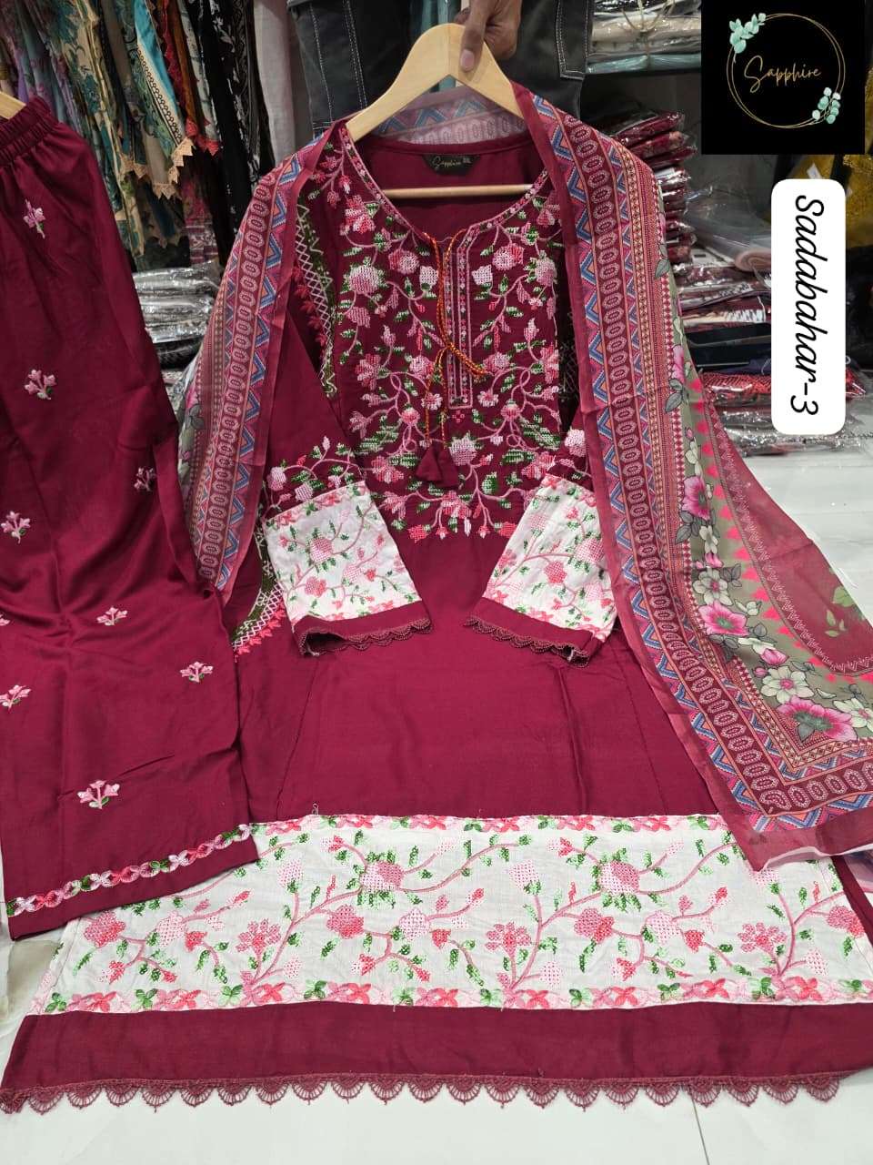 SAPPHIRE SADABAHAR VOL 3 RAYON FANCY KASHMIRI EMBROIDERY DESIGNER SUIT