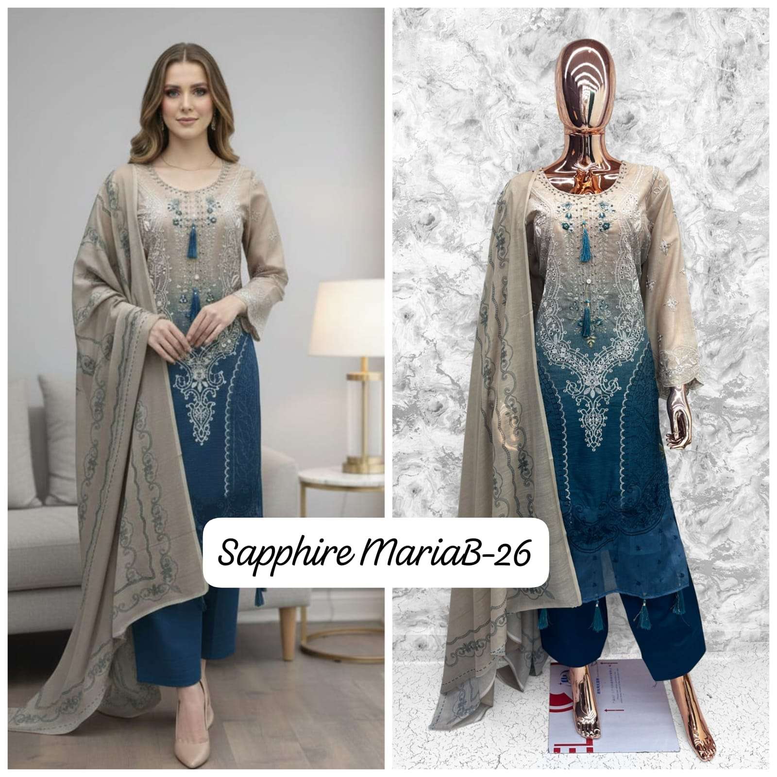 SAPPHIRE SAPPHIRE EMBROIDERED MARIAB 26 LAWN COTTON DESIGNER WORK SUIT