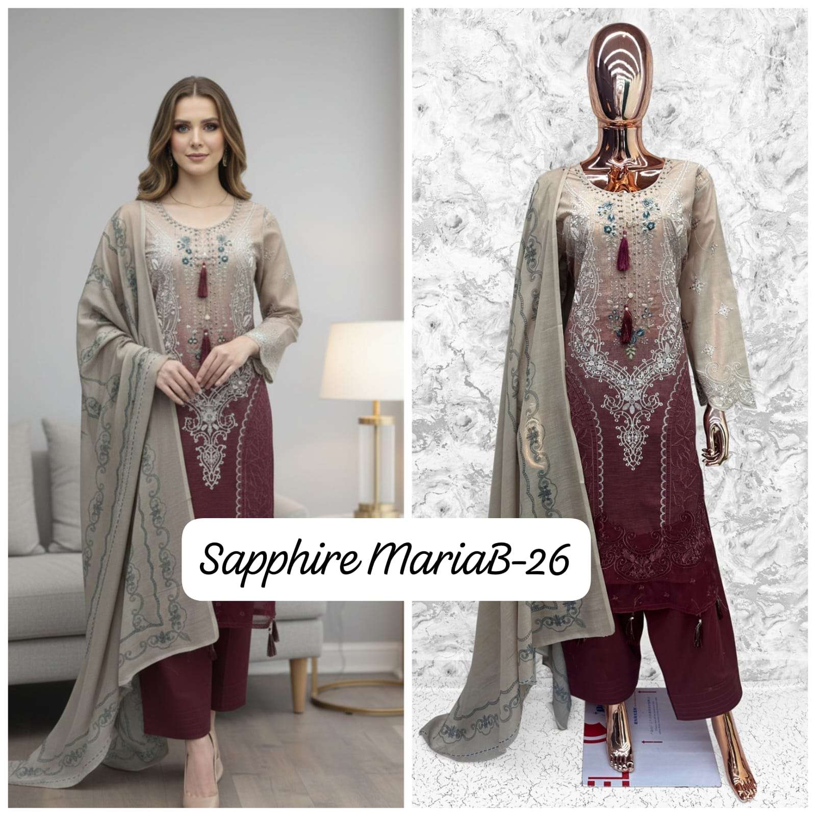 SAPPHIRE SAPPHIRE EMBROIDERED MARIAB 26 LAWN COTTON DESIGNER WORK SUIT