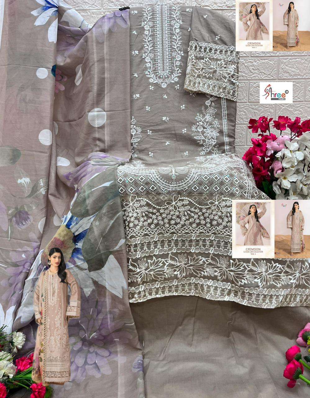 SHREE FABS CRIMSON LUXURY LAWN COLLECTION VOL 1 COTTON HEAVY EMBROIDERY DESIGNER SUIT
