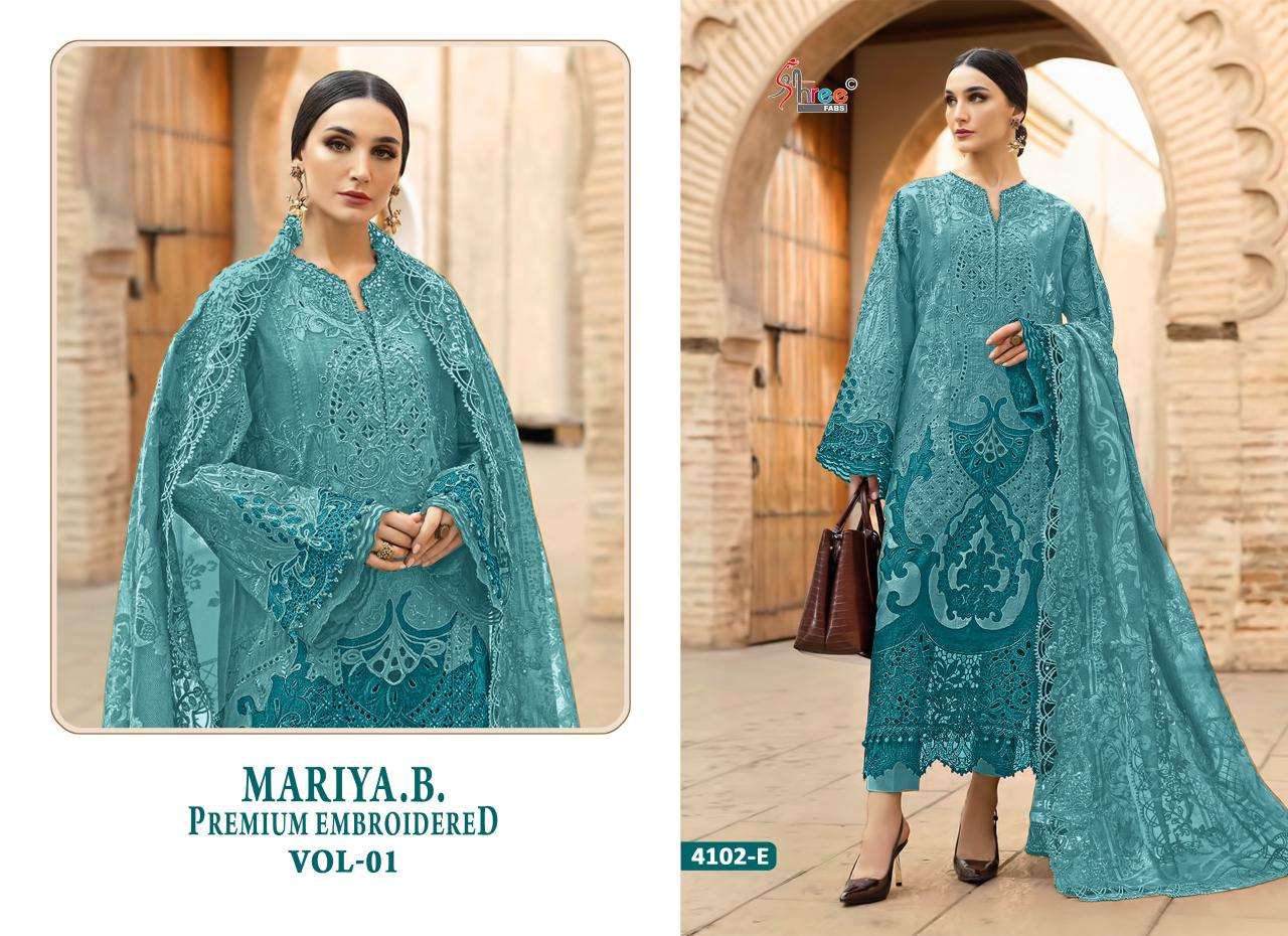 SHREE FABS MARIYA B PREMIUM EMBROIDERED VOL 1 HIT DESIGN 4102 COTTON HEAVY DESIGNER WORK SUIT