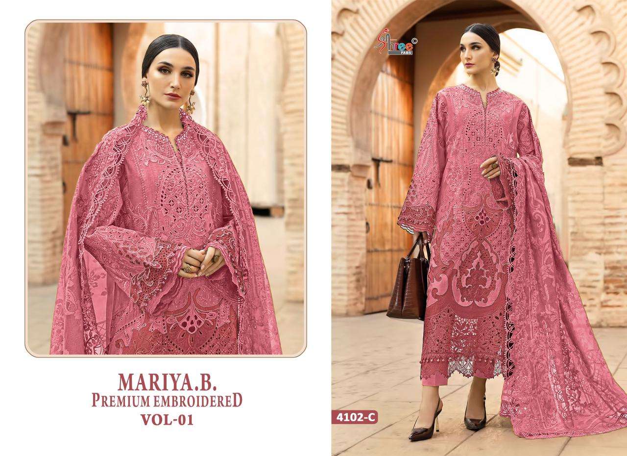 SHREE FABS MARIYA B PREMIUM EMBROIDERED VOL 1 HIT DESIGN 4102 COTTON HEAVY DESIGNER WORK SUIT