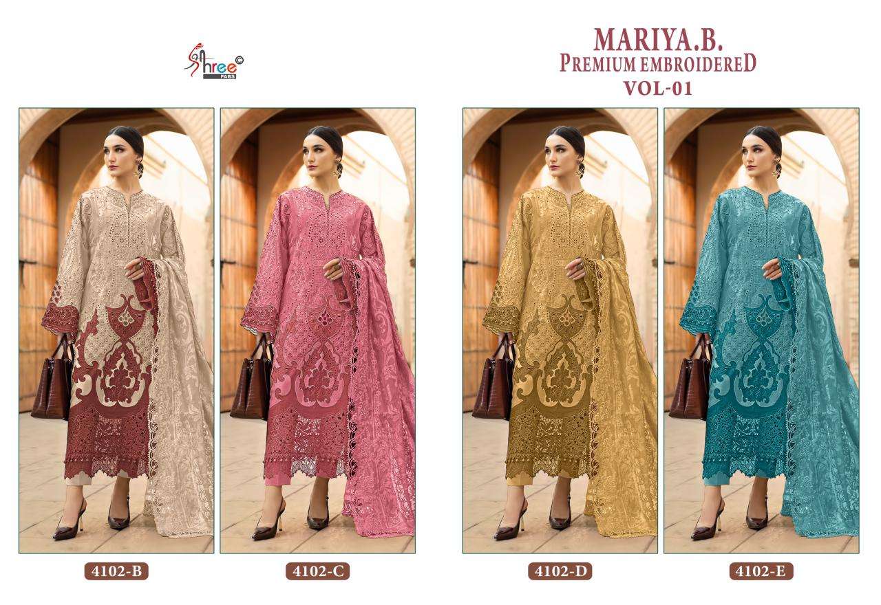 SHREE FABS MARIYA B PREMIUM EMBROIDERED VOL 1 HIT DESIGN 4102 COTTON HEAVY DESIGNER WORK SUIT