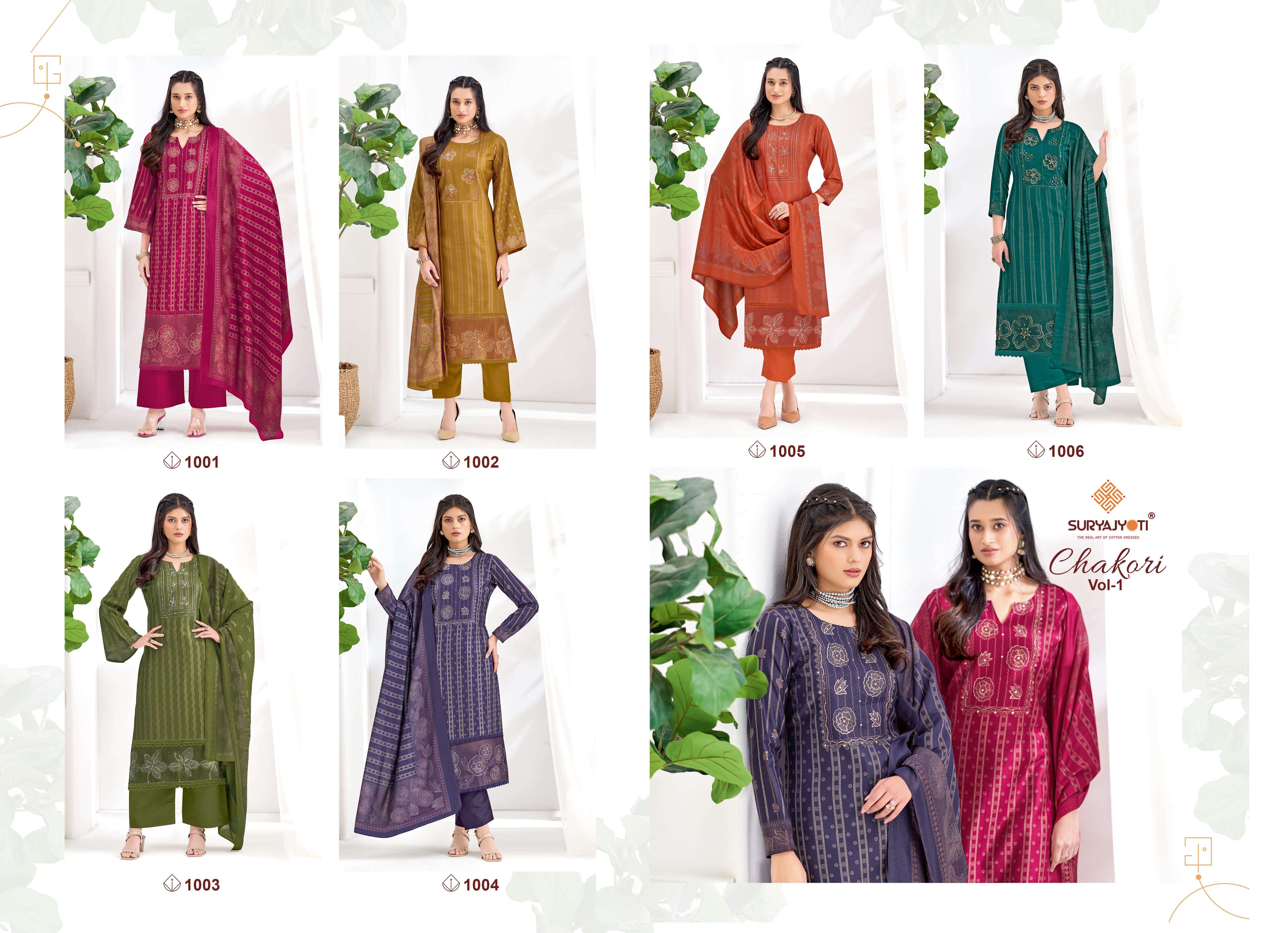 SURYAJYOTI CHAKORI VOL 1 VISCOSE FOIL PRINT WITH FANCY HAND WORK SUIT