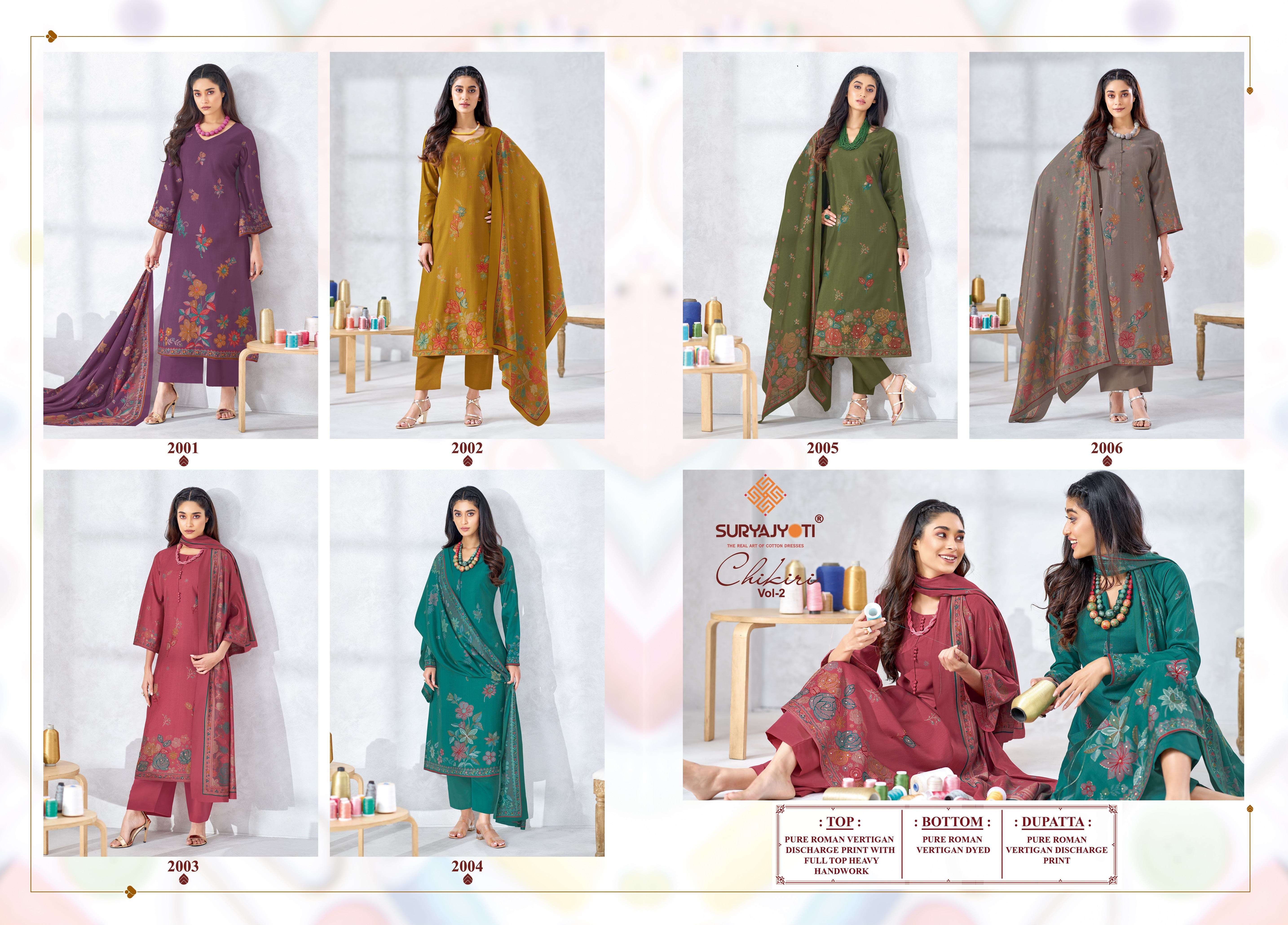  SURYAJYOTI CHIKIRI VOL 2 ROMAN SILK PRINT WITH FANCY HAND WORKS SUIT